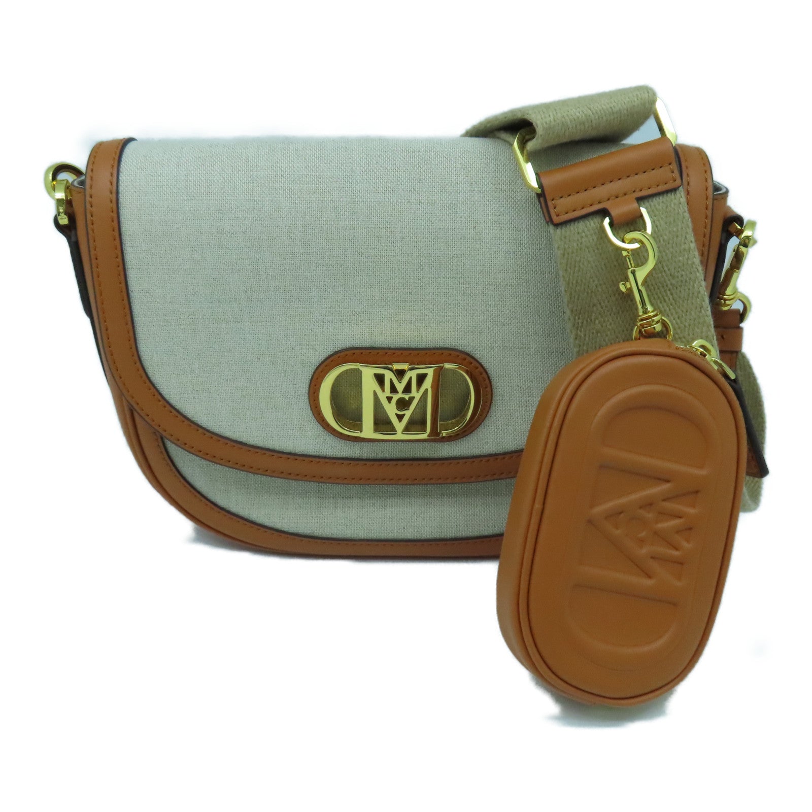 MCM 帆布/牛皮皮革Shoulder Bag金扣肩背袋啡色