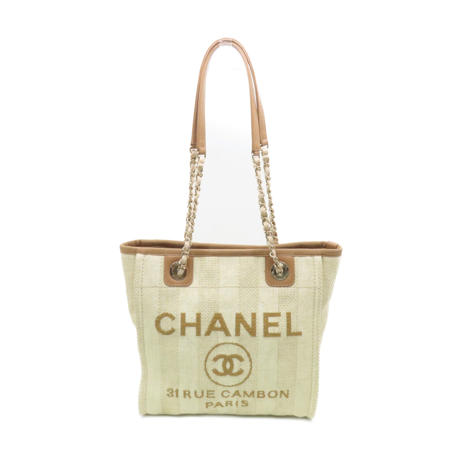 CHANEL 帆布Deauville PM金扣肩背袋米色