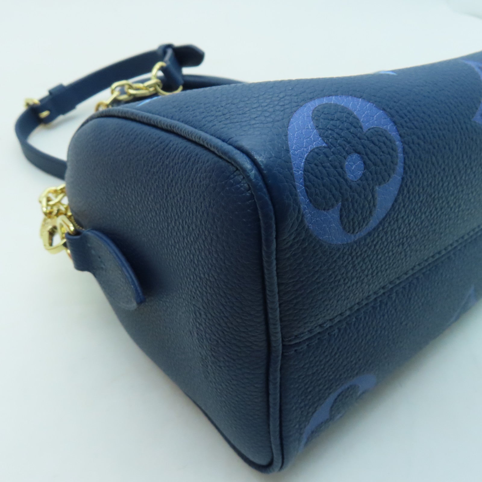 LOUIS VUITTON Monogram Empreinte Speedy Bandouliere 20 gold buckle handle shoulder bag blue
