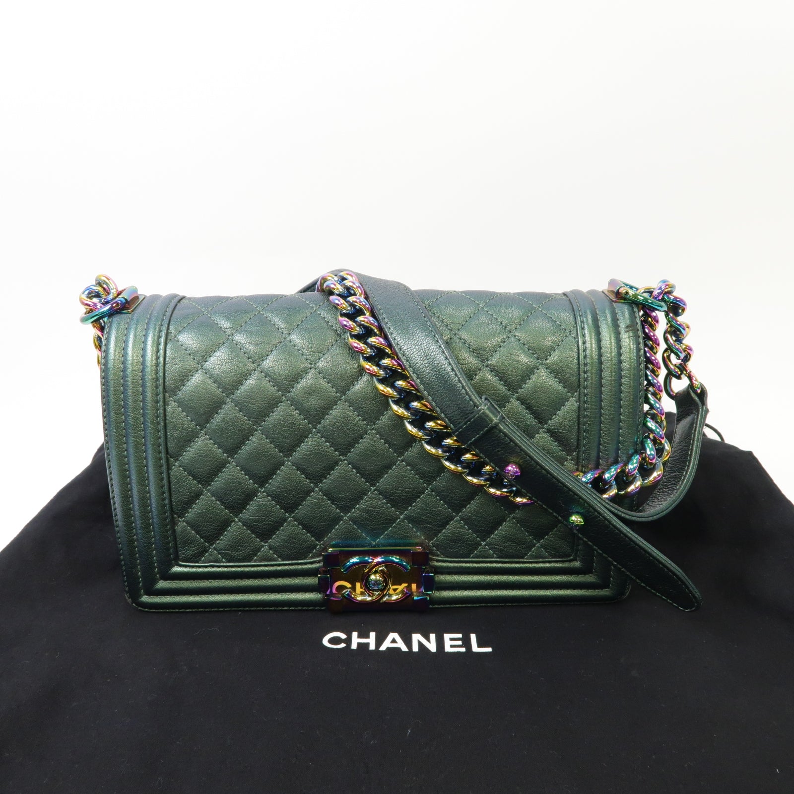 CHANEL 菱格牛皮皮革Boy Chanel 25cm鏈帶肩背袋綠色