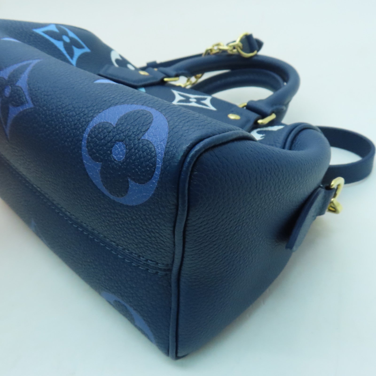 LOUIS VUITTON Monogram Empreinte Speedy Bandouliere 20 gold buckle handle shoulder bag blue