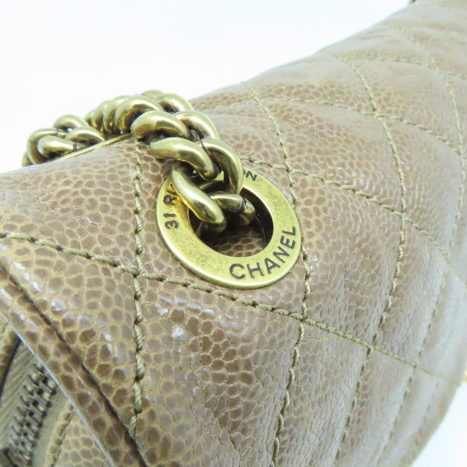 CHANEL 菱格Caviar皮革Chain Shoulder Bag金扣链带肩背袋米色