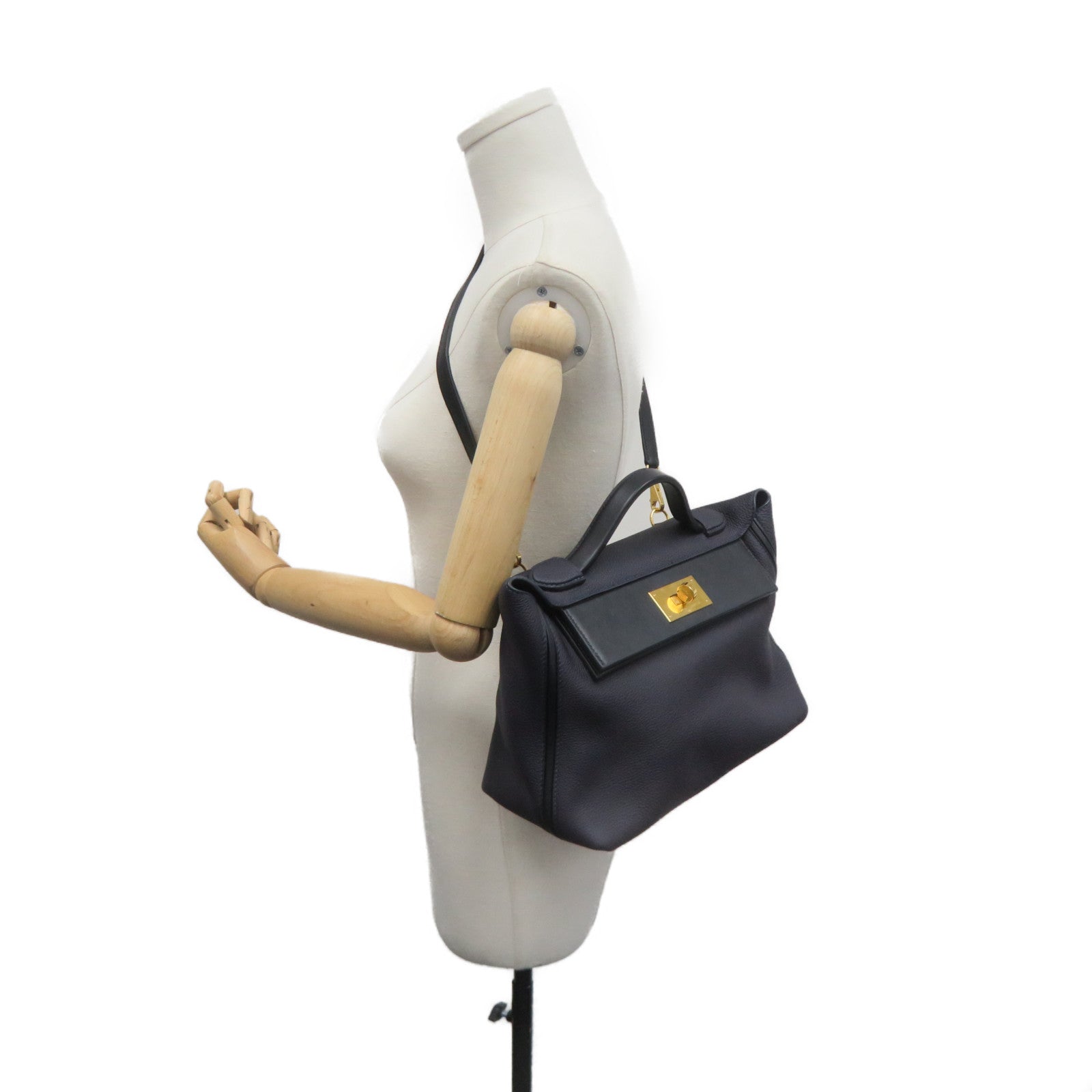 HERMES Togo皮革24/24 29cm 2Way Shoulder Bag金扣手挽肩背两用袋Bleu Nuit深蓝色