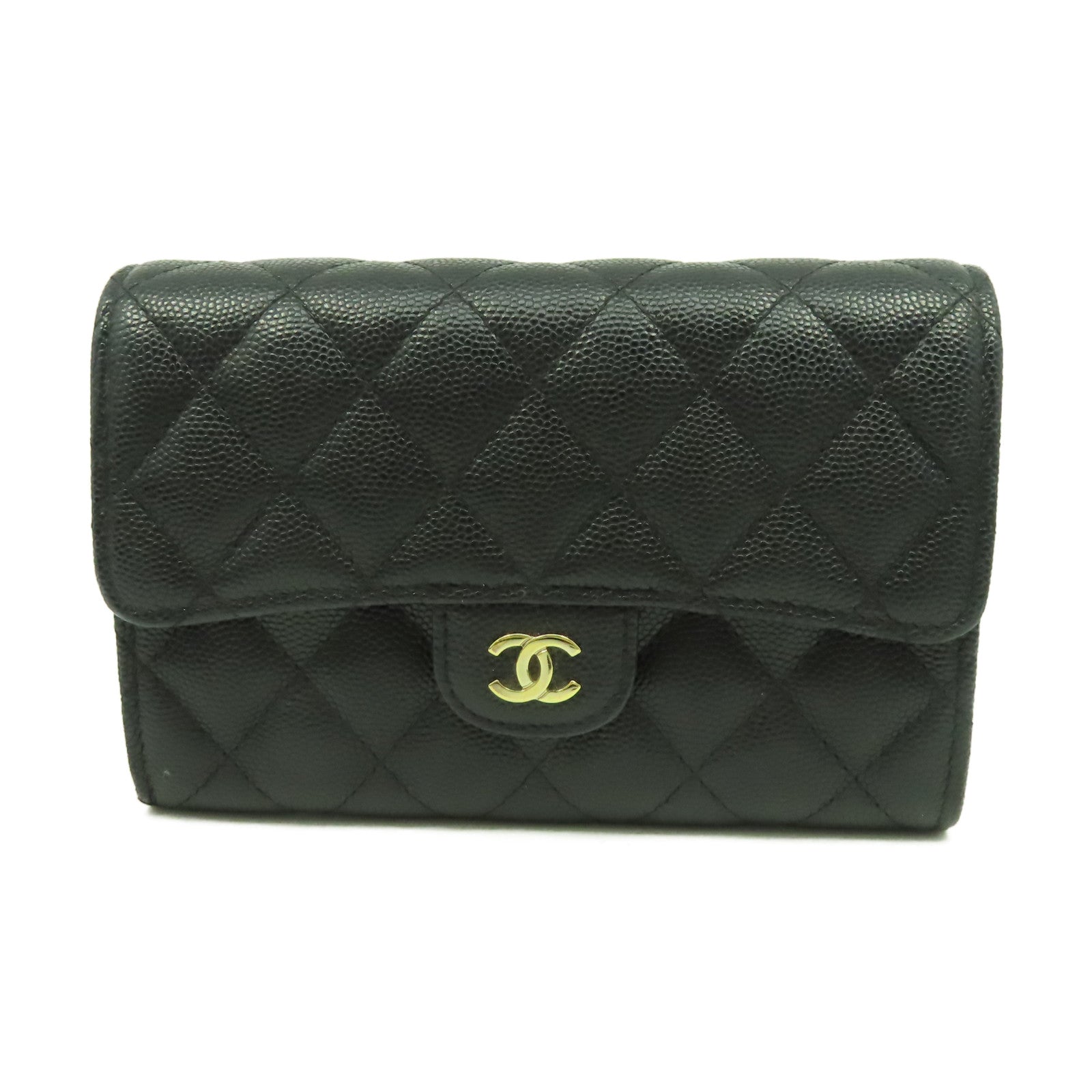 CHANEL 菱格Caviar皮革Wallet金扣錢包黑色
