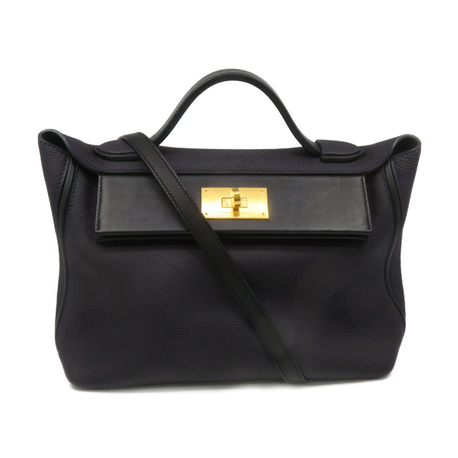 HERMES Togo皮革24/24 29cm 2Way Shoulder Bag金扣手挽肩背两用袋Bleu Nuit深蓝色