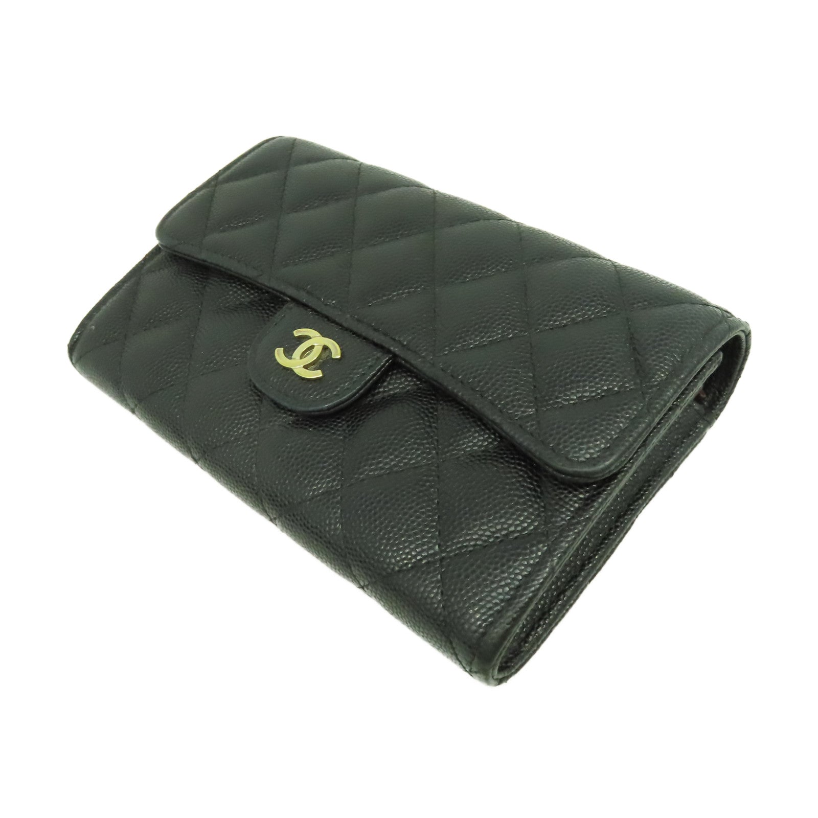 CHANEL 菱格Caviar皮革Wallet金扣錢包黑色