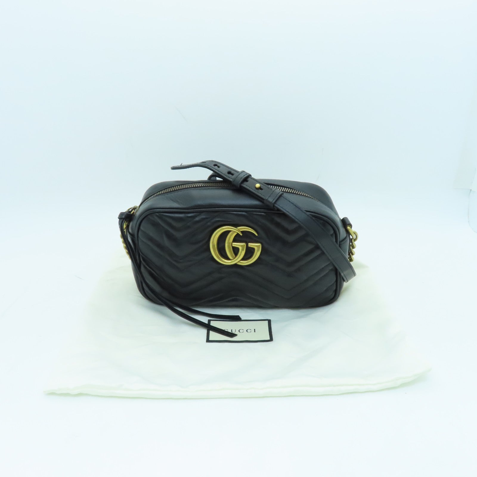 GUCCI Calfskin Leather GG Mormont Gold Buckle Chain Shoulder Bag Black