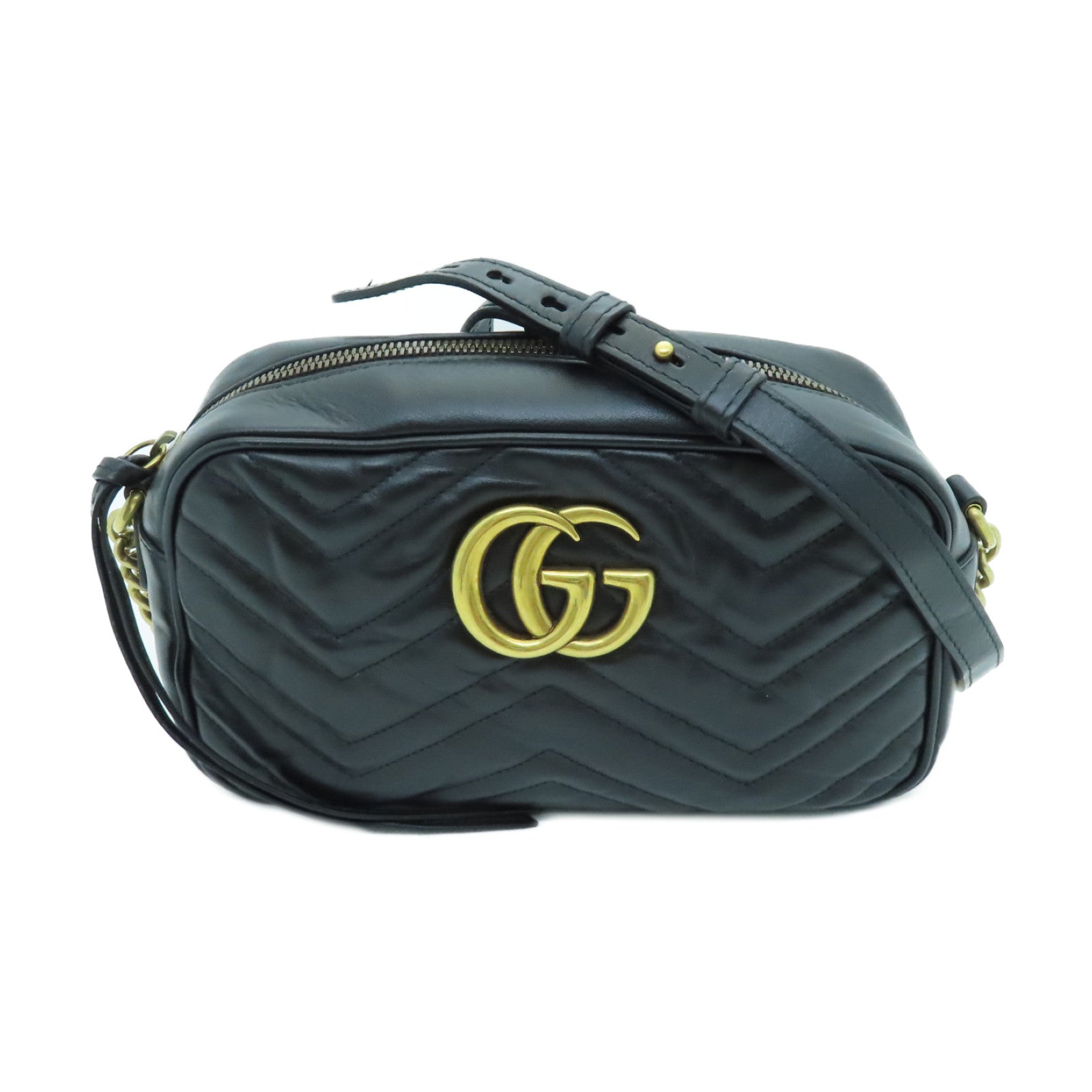 GUCCI Calfskin Leather GG Mormont Gold Buckle Chain Shoulder Bag Black