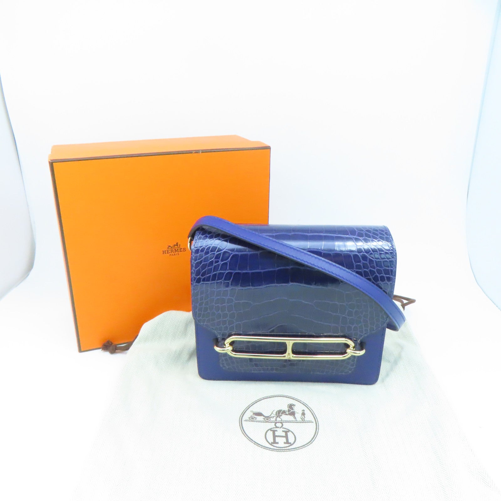 HERMES Alligator Missi Liss皮革Mini Roulis金扣肩背袋Bleu Encre蓝色