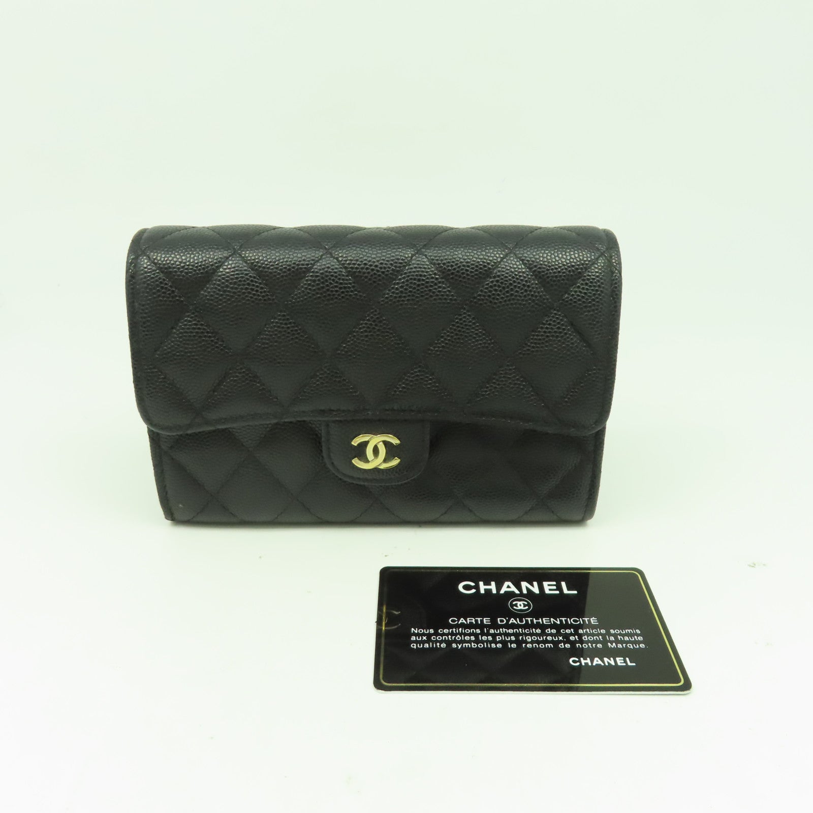 CHANEL 菱格Caviar皮革Wallet金扣錢包黑色