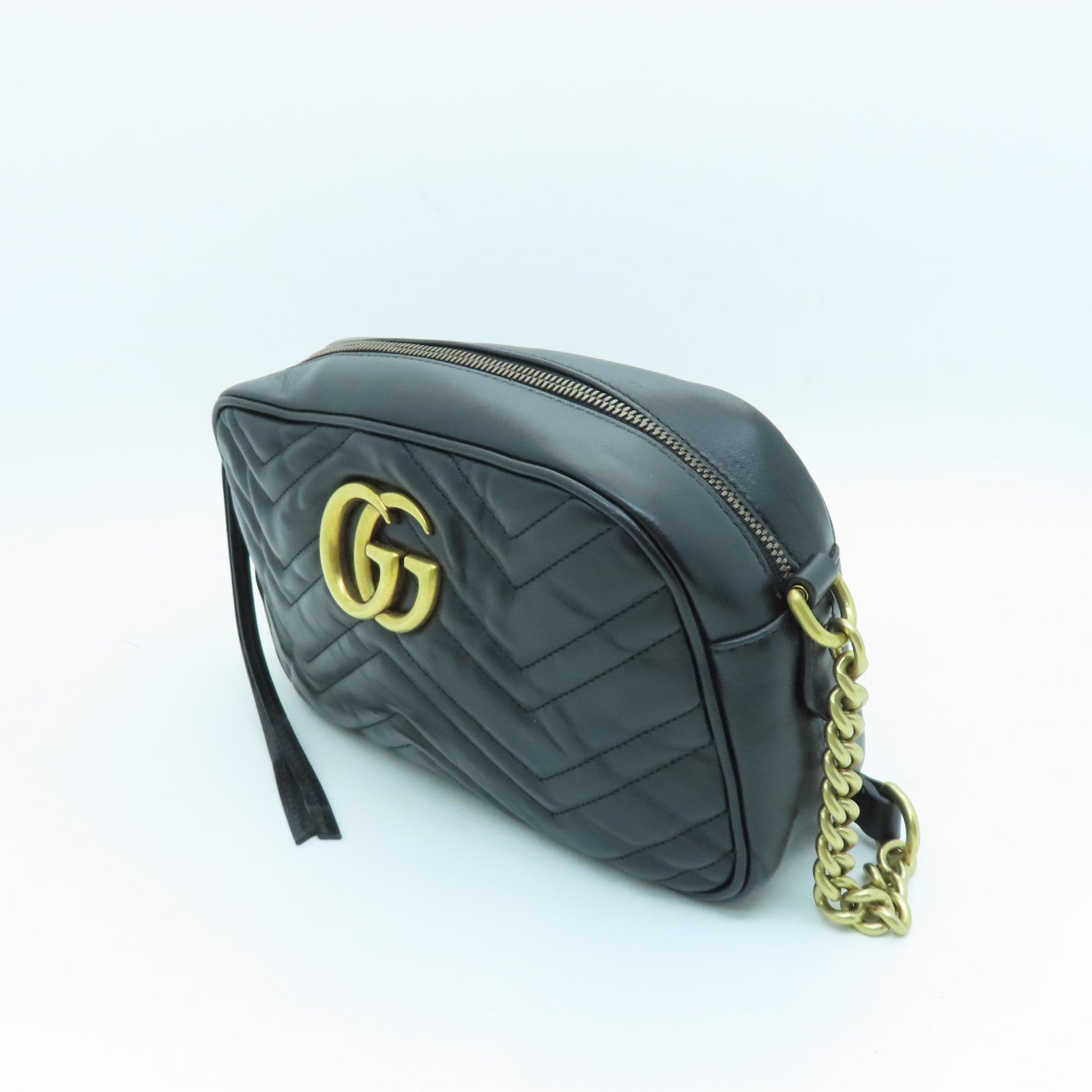 GUCCI Calfskin Leather GG Mormont Gold Buckle Chain Shoulder Bag Black