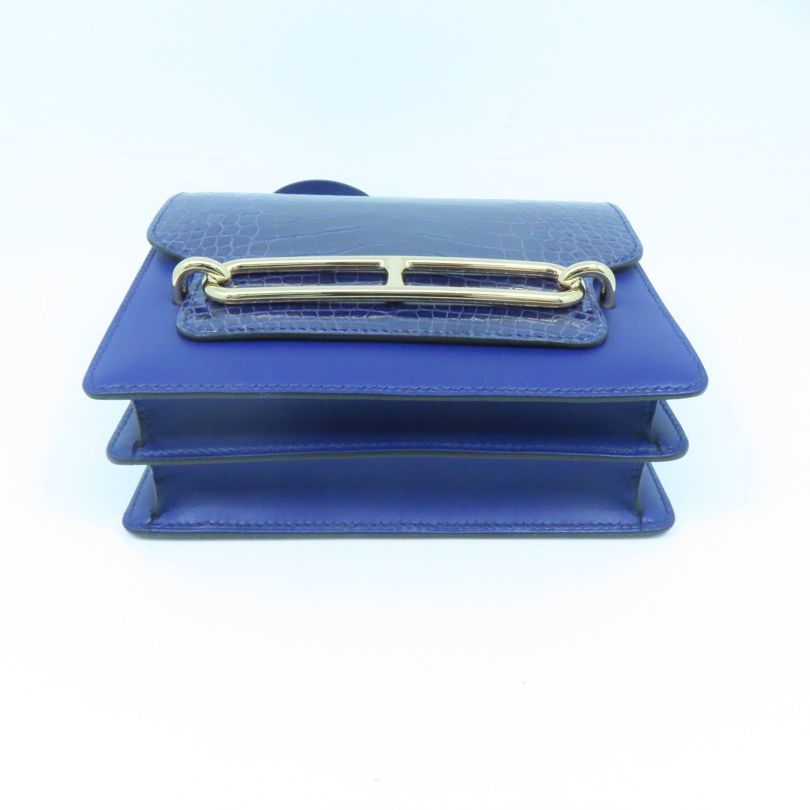 HERMES Alligator Missi Liss皮革Mini Roulis金扣肩背袋Bleu Encre蓝色