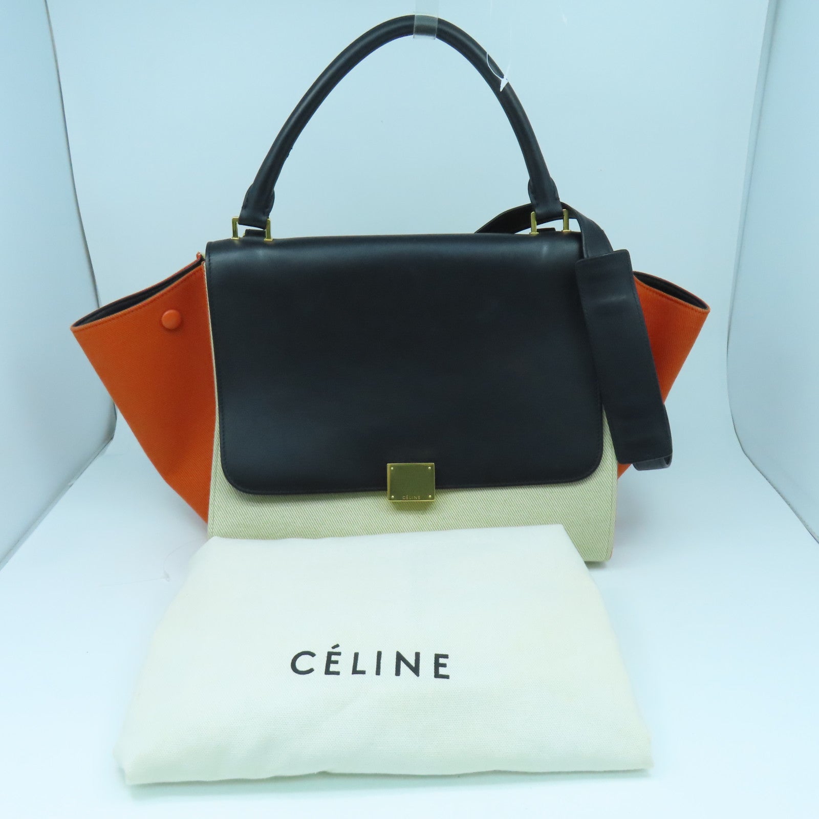 CELINE 帆布/牛皮皮革Trapeze Shoulder Bag金扣手挽肩背兩用袋黑色/橙色/白色
