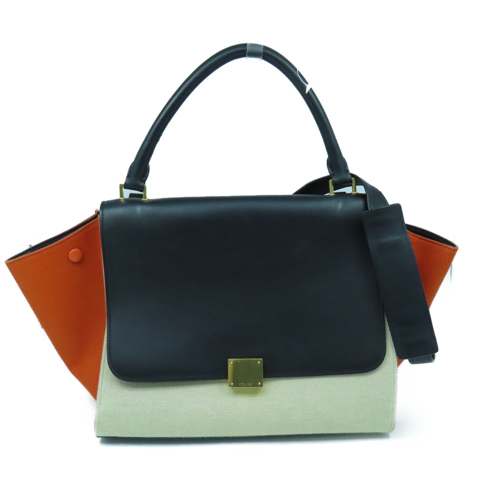 CELINE 帆布/牛皮皮革Trapeze Shoulder Bag金扣手挽肩背兩用袋黑色/橙色/白色