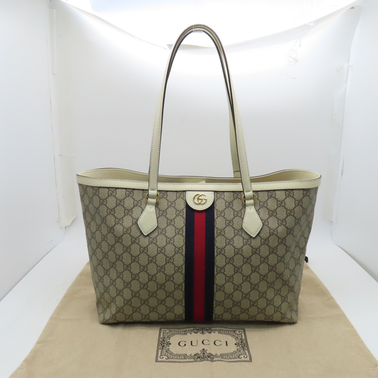 GUCCI 塗層帆布Ophidia金扣手挽袋/肩背袋白色/啡色