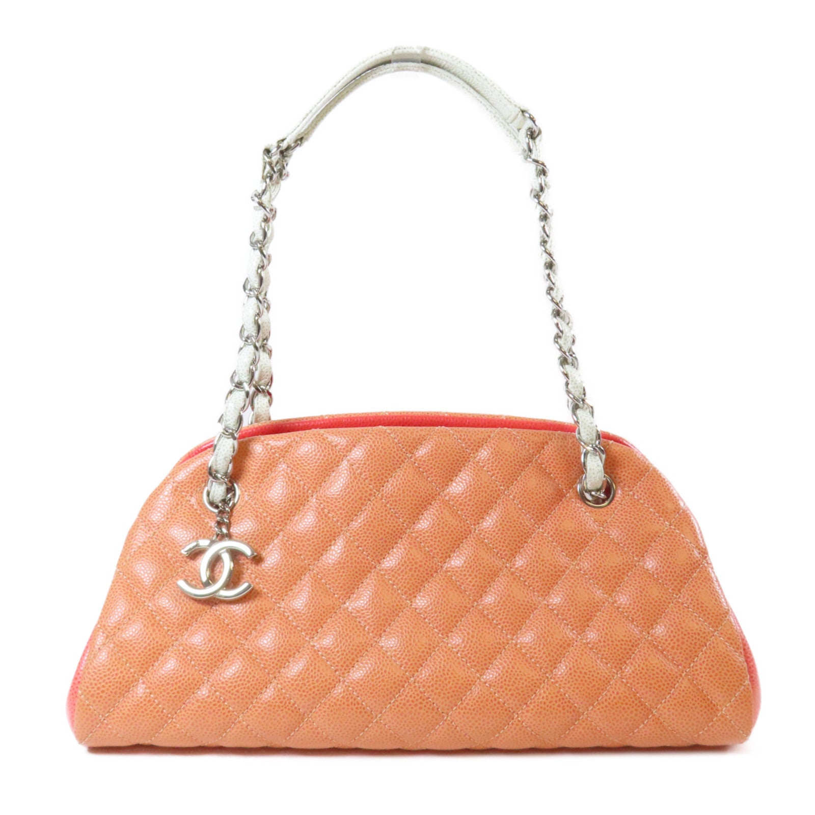 CHANEL 菱格牛皮皮革Shoulder Bag銀扣鏈帶肩背袋橙色/白色