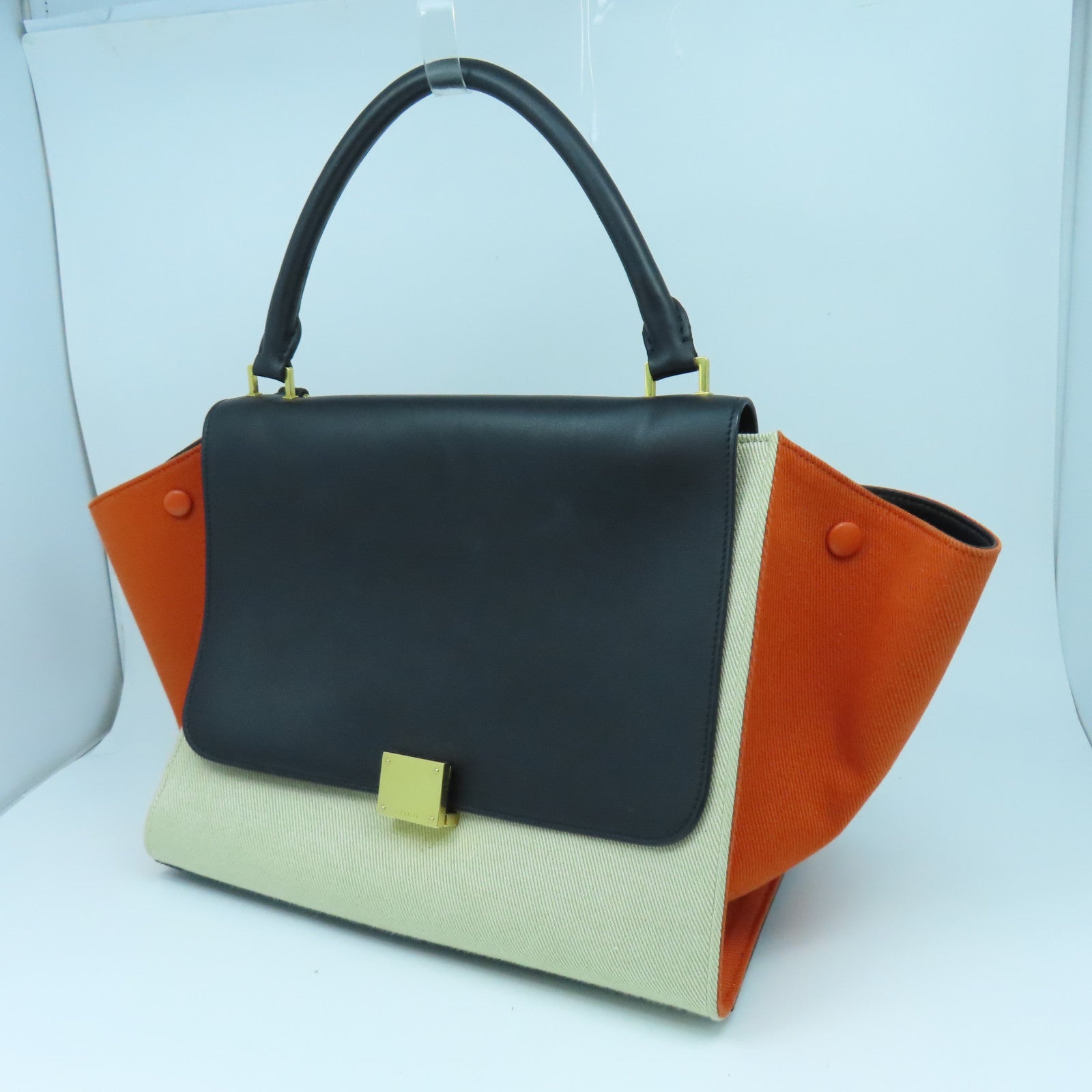 CELINE 帆布/牛皮皮革Trapeze Shoulder Bag金扣手挽肩背兩用袋黑色/橙色/白色