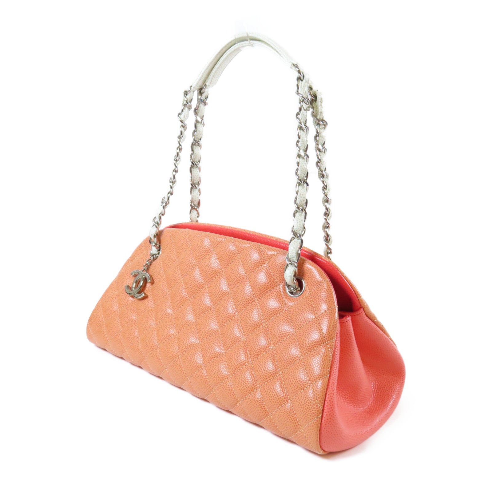 CHANEL 菱格牛皮皮革Shoulder Bag銀扣鏈帶肩背袋橙色/白色