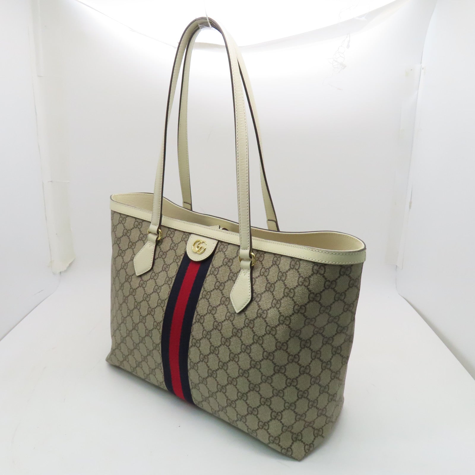 GUCCI 塗層帆布Ophidia金扣手挽袋/肩背袋白色/啡色