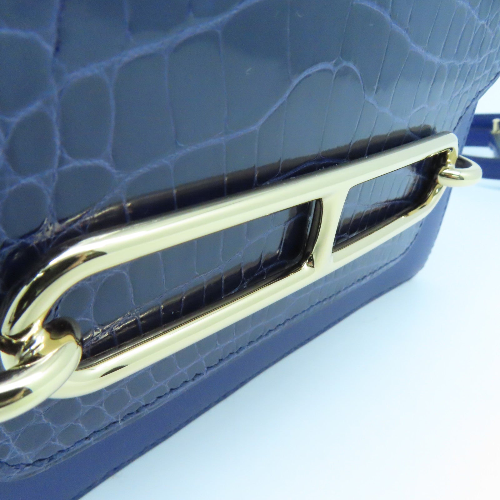 HERMES Alligator Missi Liss皮革Mini Roulis金扣肩背袋Bleu Encre蓝色