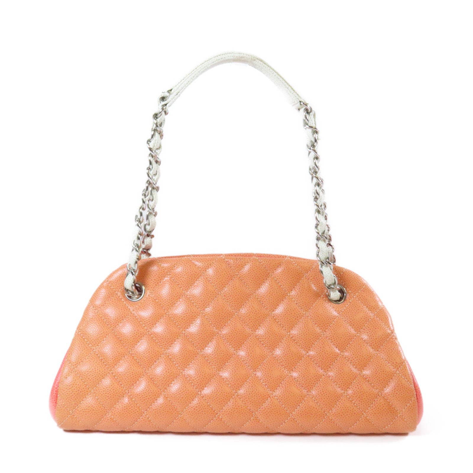 CHANEL 菱格牛皮皮革Shoulder Bag銀扣鏈帶肩背袋橙色/白色