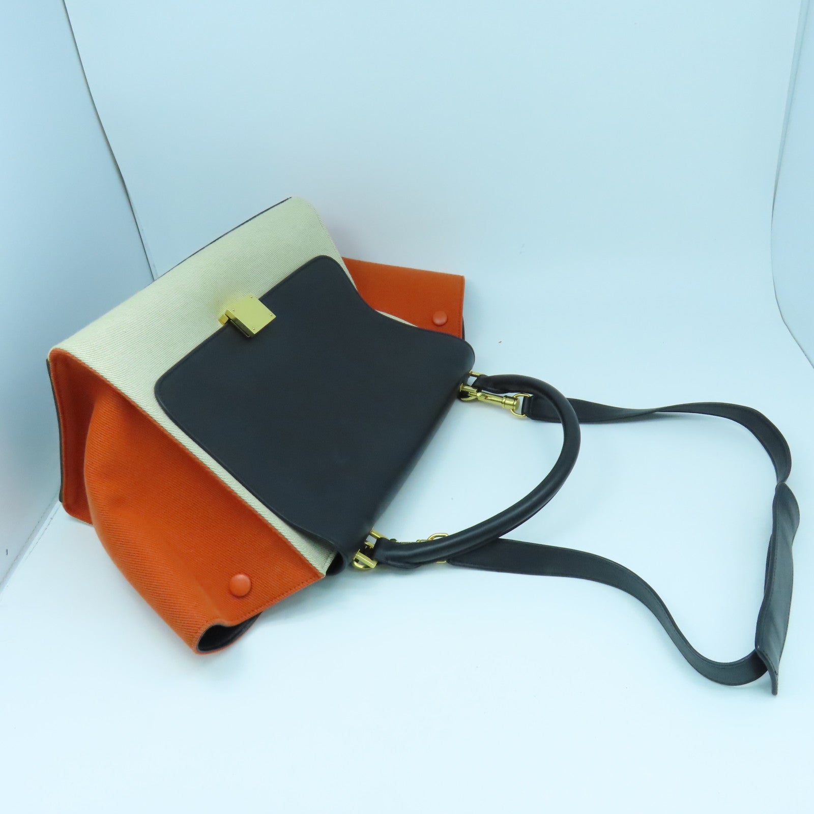 CELINE 帆布/牛皮皮革Trapeze Shoulder Bag金扣手挽肩背兩用袋黑色/橙色/白色