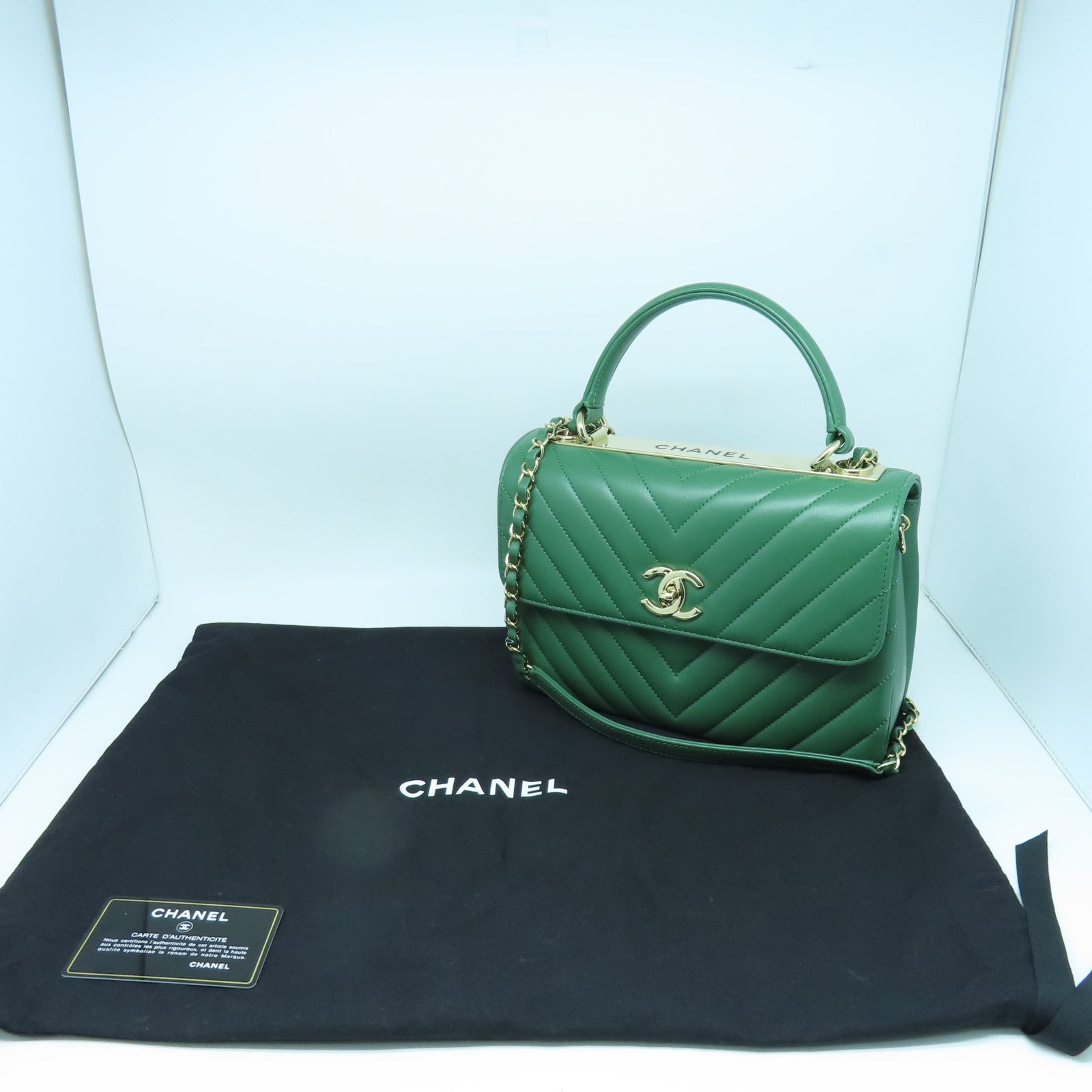 CHANEL 斜纹牛皮皮革CC Trendy金扣手挽肩背两用袋绿色