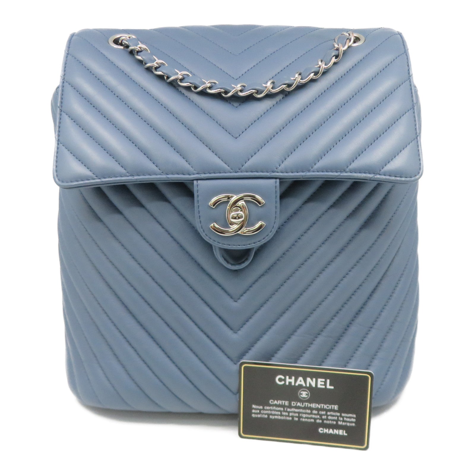 CHANEL 斜紋羊皮皮革Backpack銀扣背包藍色