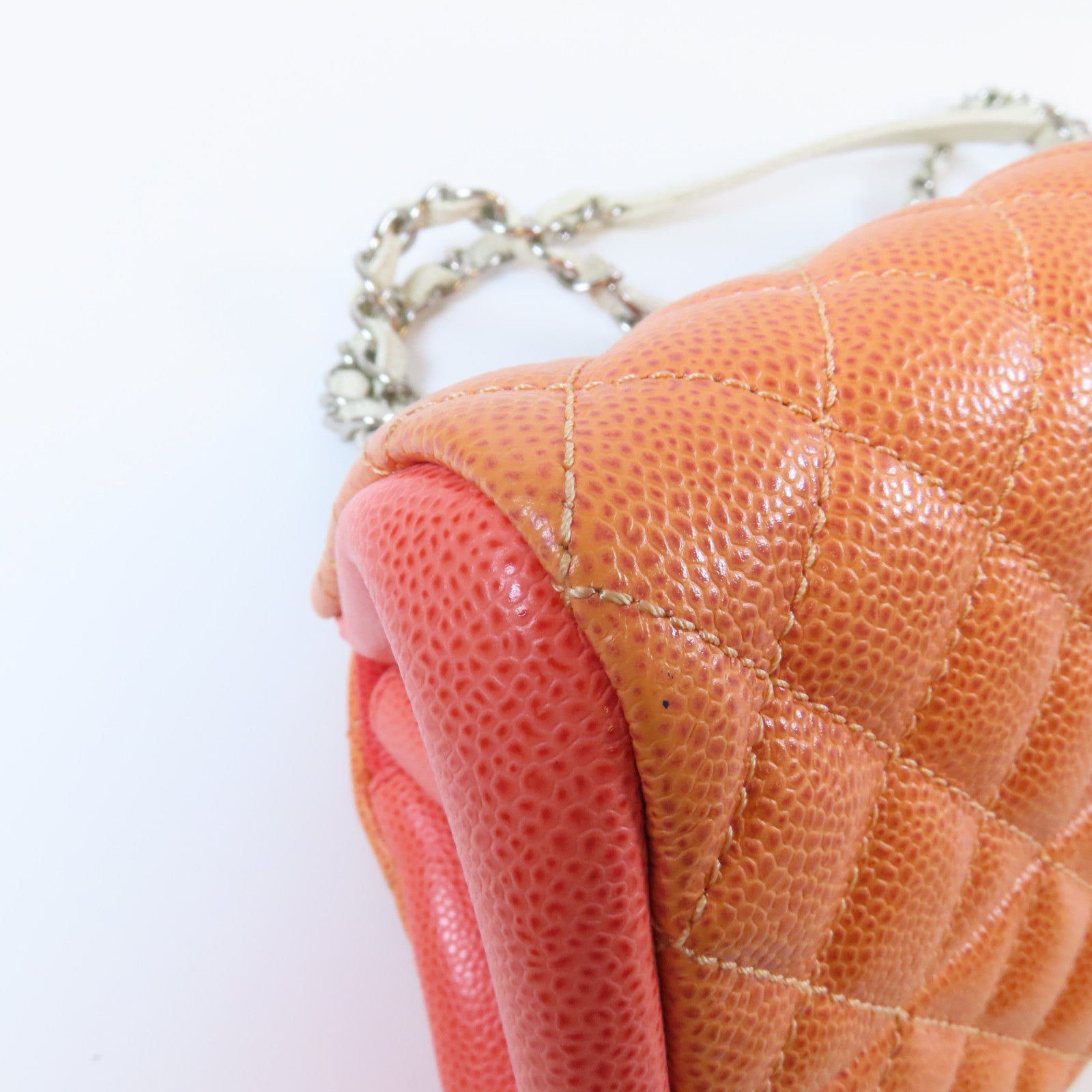 CHANEL 菱格牛皮皮革Shoulder Bag銀扣鏈帶肩背袋橙色/白色