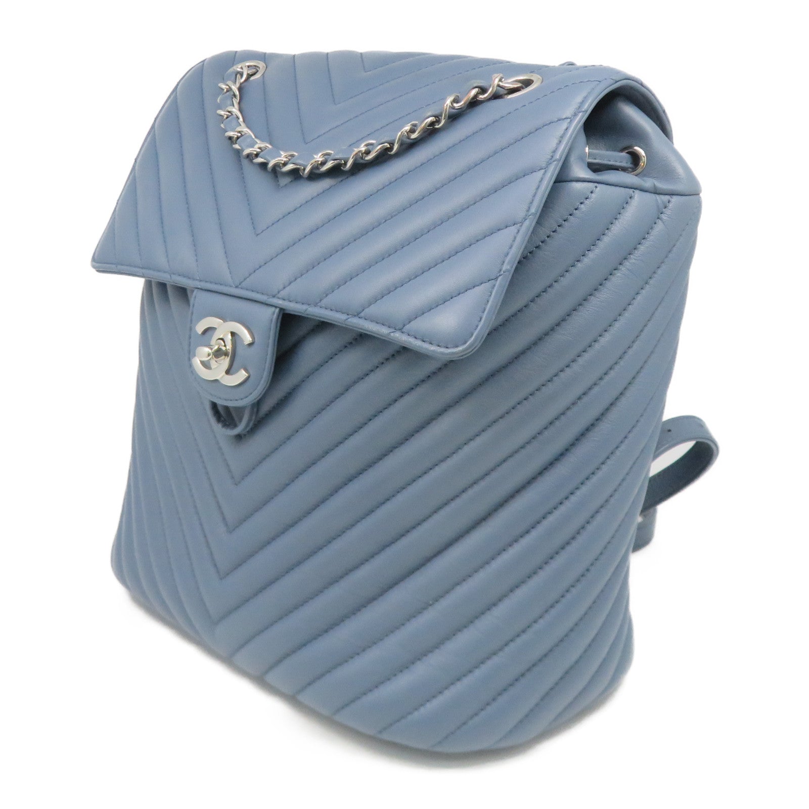 CHANEL 斜紋羊皮皮革Backpack銀扣背包藍色