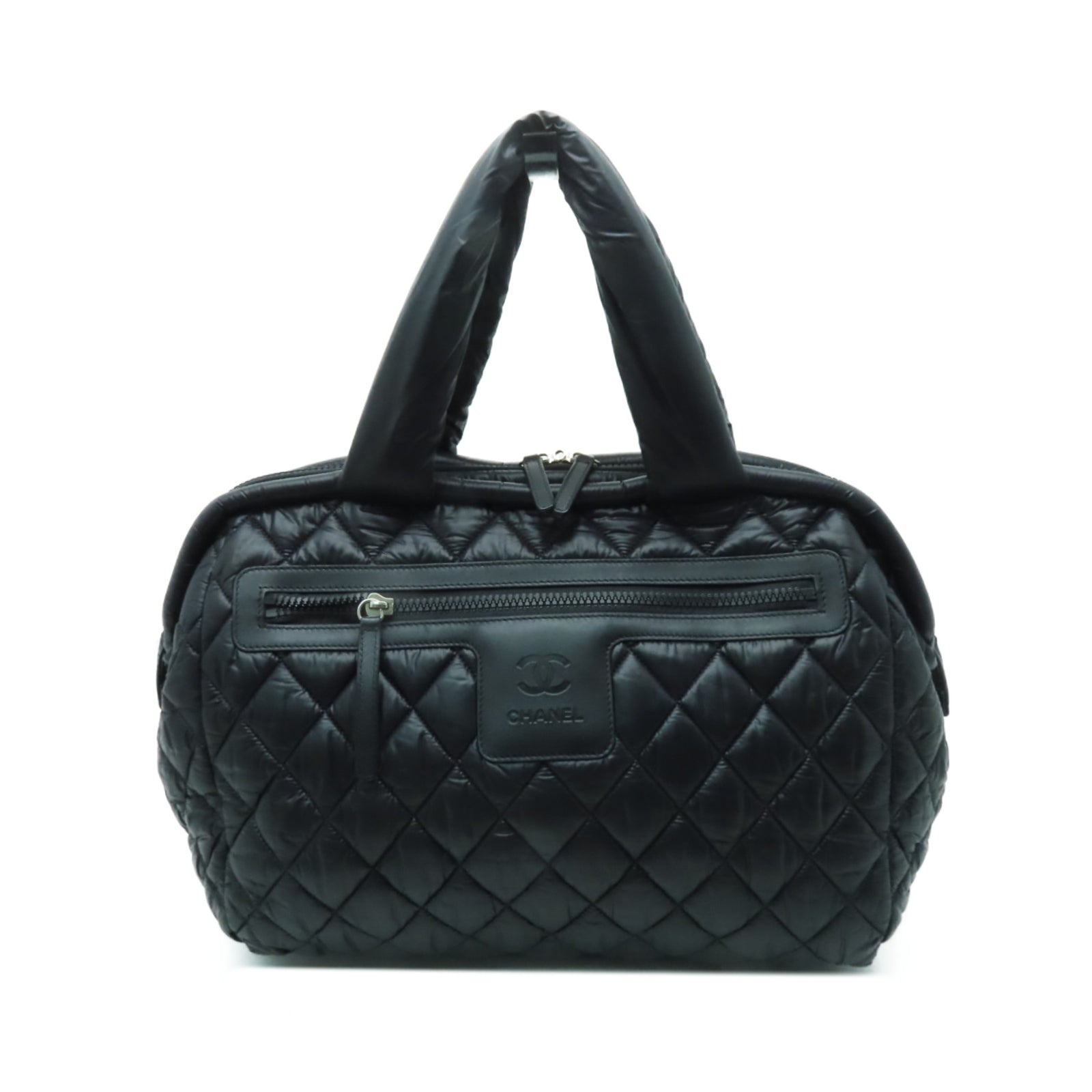 CHANEL 菱格尼龍Handbag銀扣手挽袋黑色