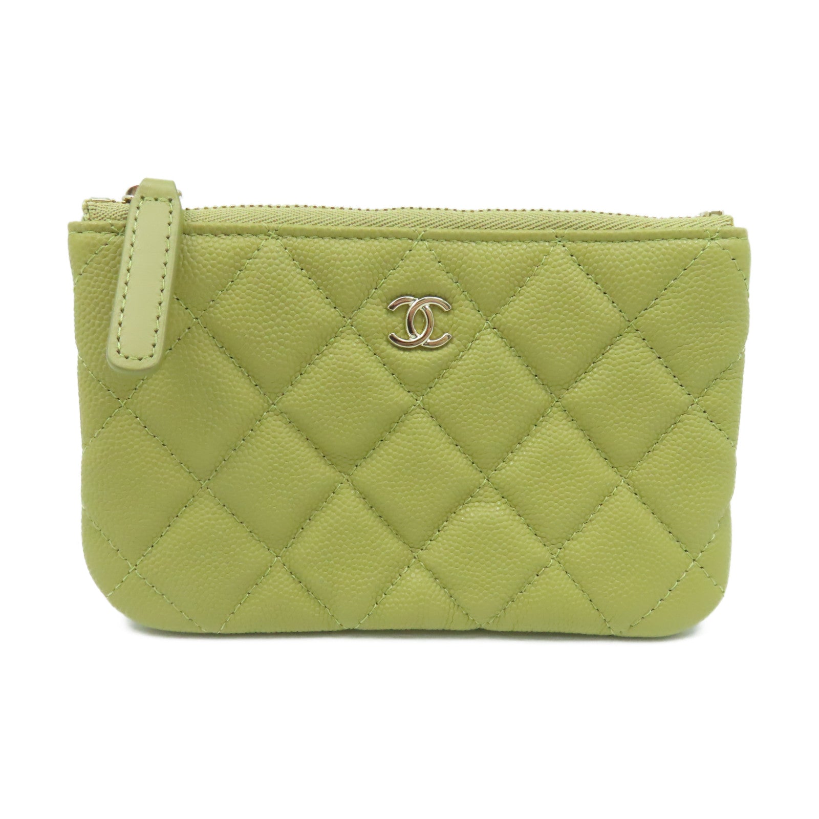 CHANEL 菱格Caviar皮革Classic Mini Pouch金扣手拿包/零錢包橄欖綠色
