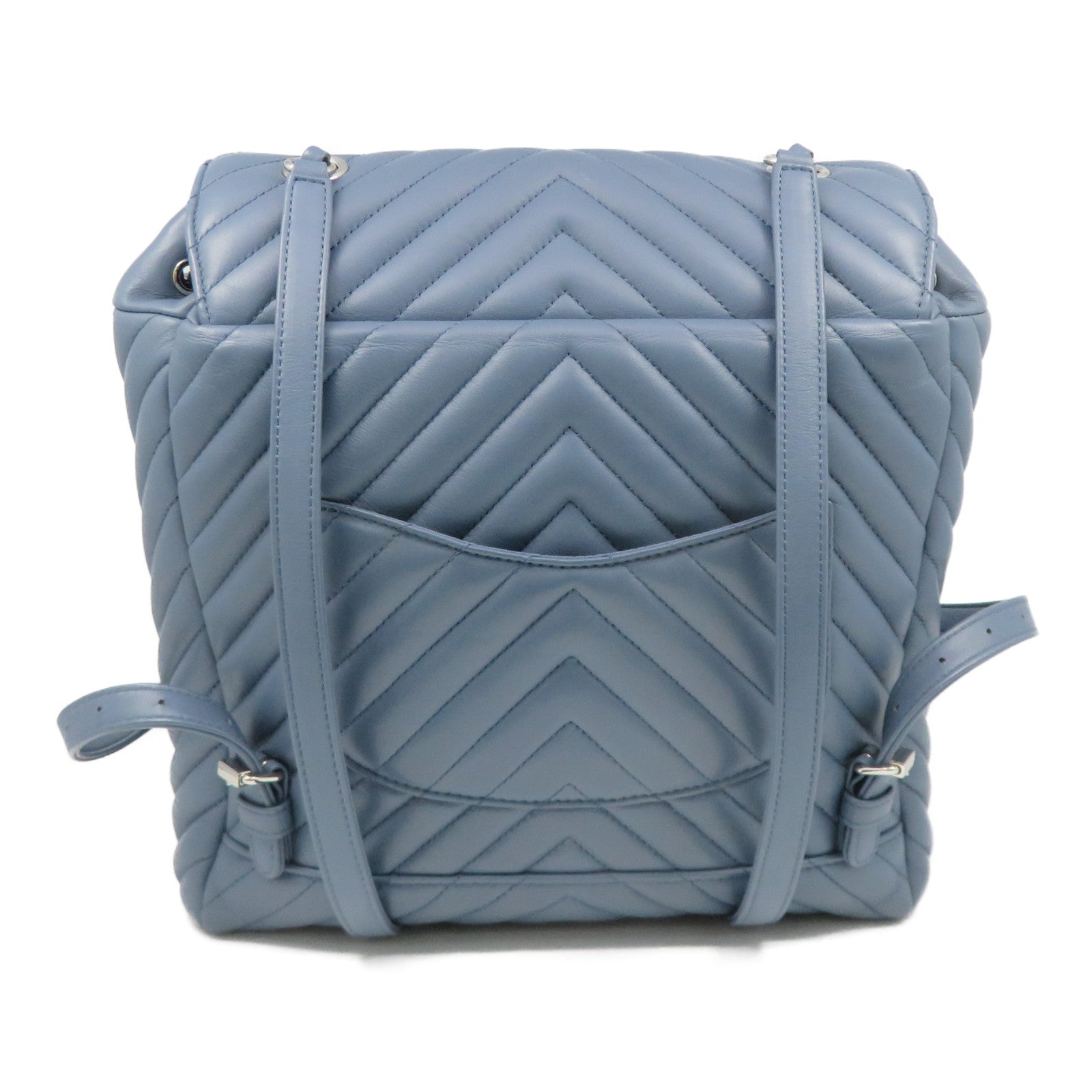 CHANEL 斜紋羊皮皮革Backpack銀扣背包藍色