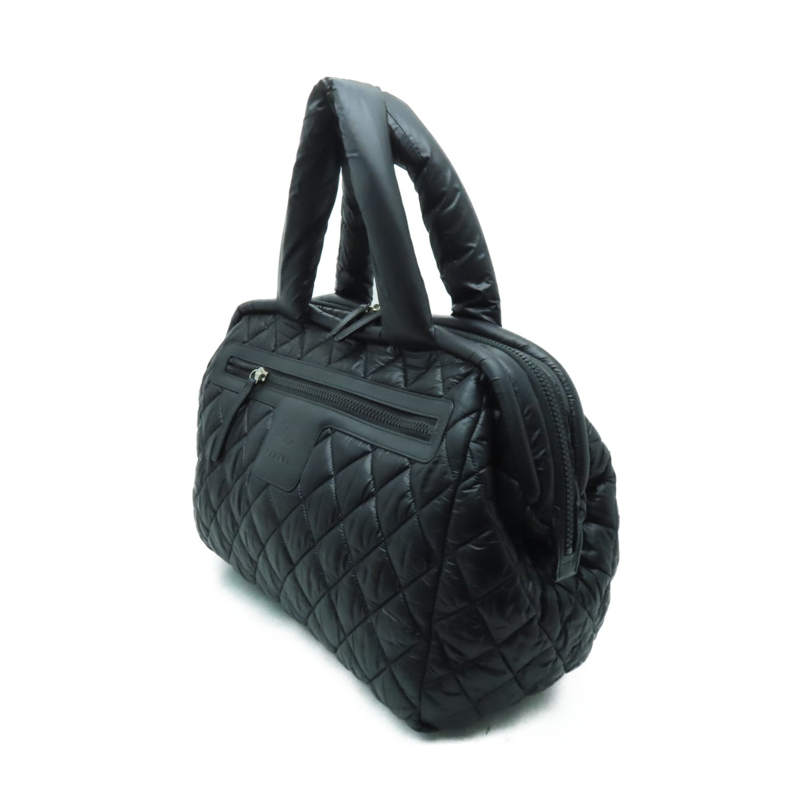 CHANEL 菱格尼龍Handbag銀扣手挽袋黑色