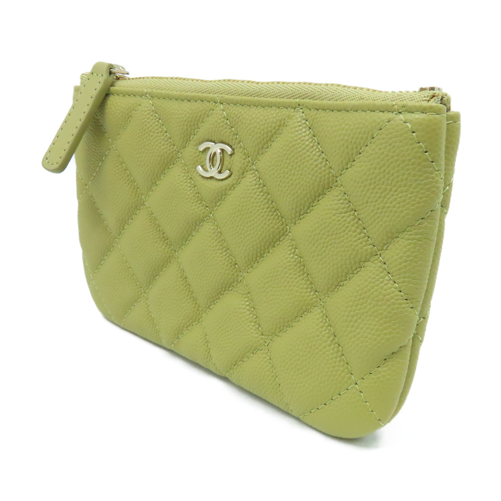 CHANEL 菱格Caviar皮革Classic Mini Pouch金扣手拿包/零錢包橄欖綠色