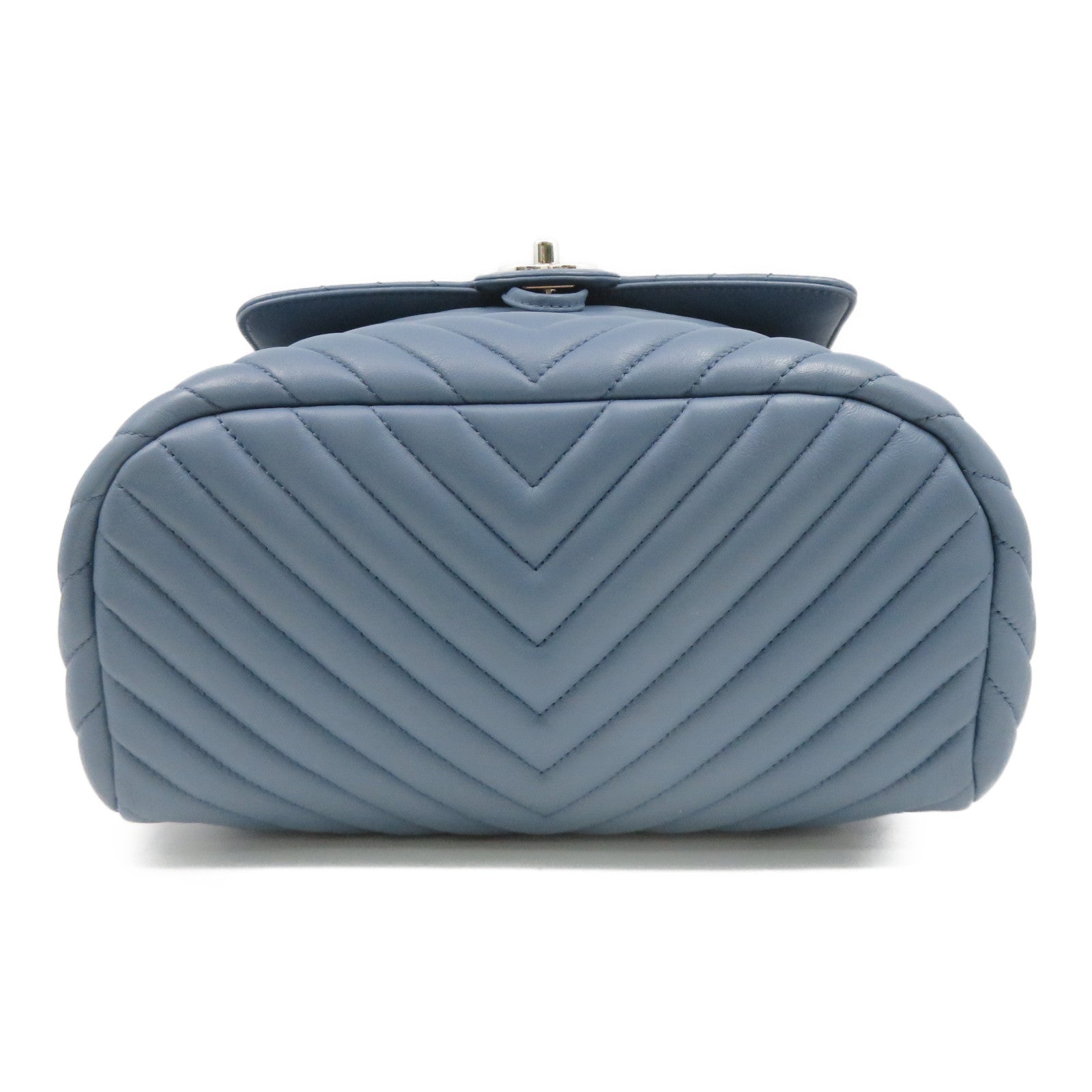 CHANEL 斜紋羊皮皮革Backpack銀扣背包藍色