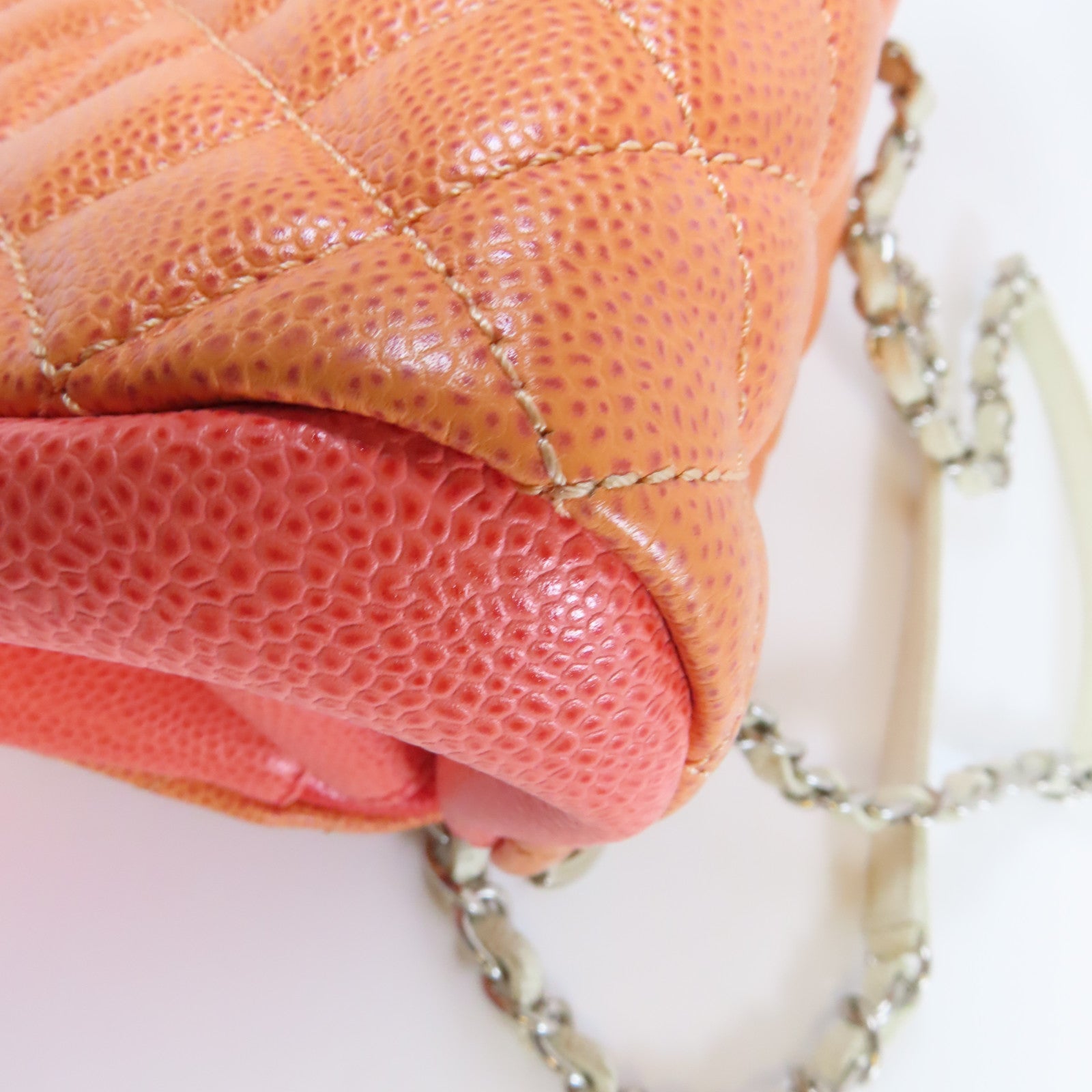 CHANEL 菱格牛皮皮革Shoulder Bag銀扣鏈帶肩背袋橙色/白色