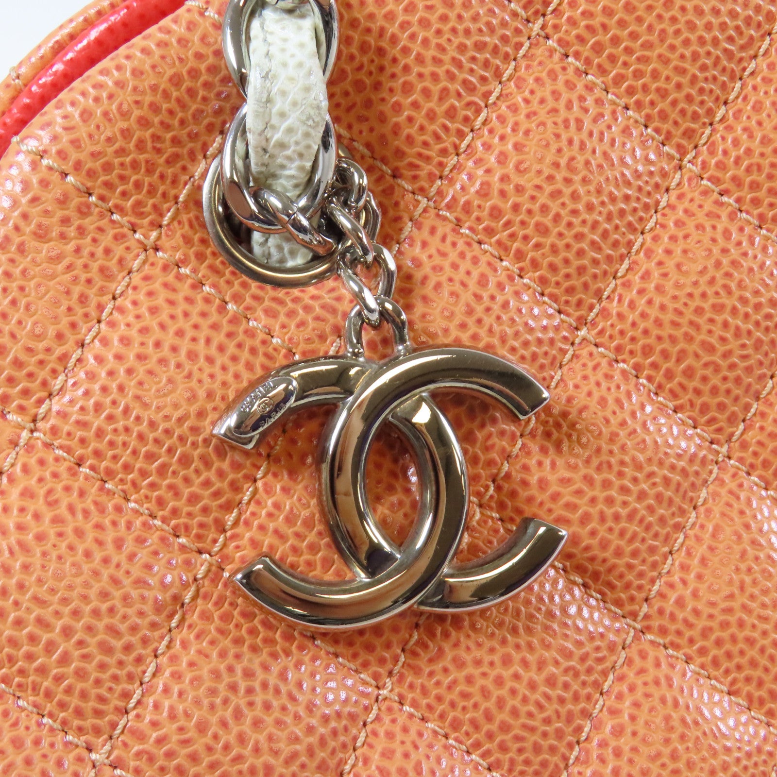 CHANEL 菱格牛皮皮革Shoulder Bag銀扣鏈帶肩背袋橙色/白色