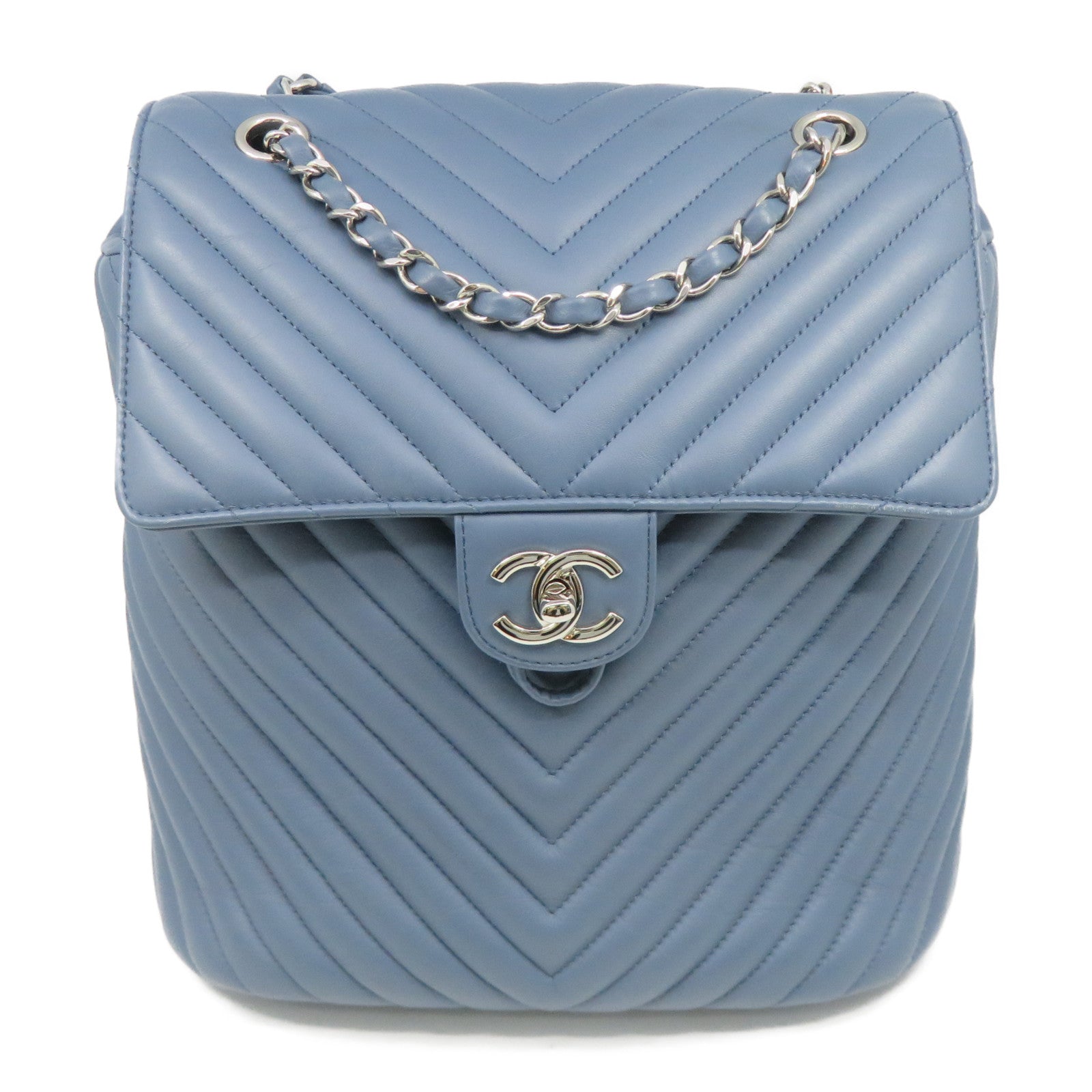CHANEL 斜紋羊皮皮革Backpack銀扣背包藍色