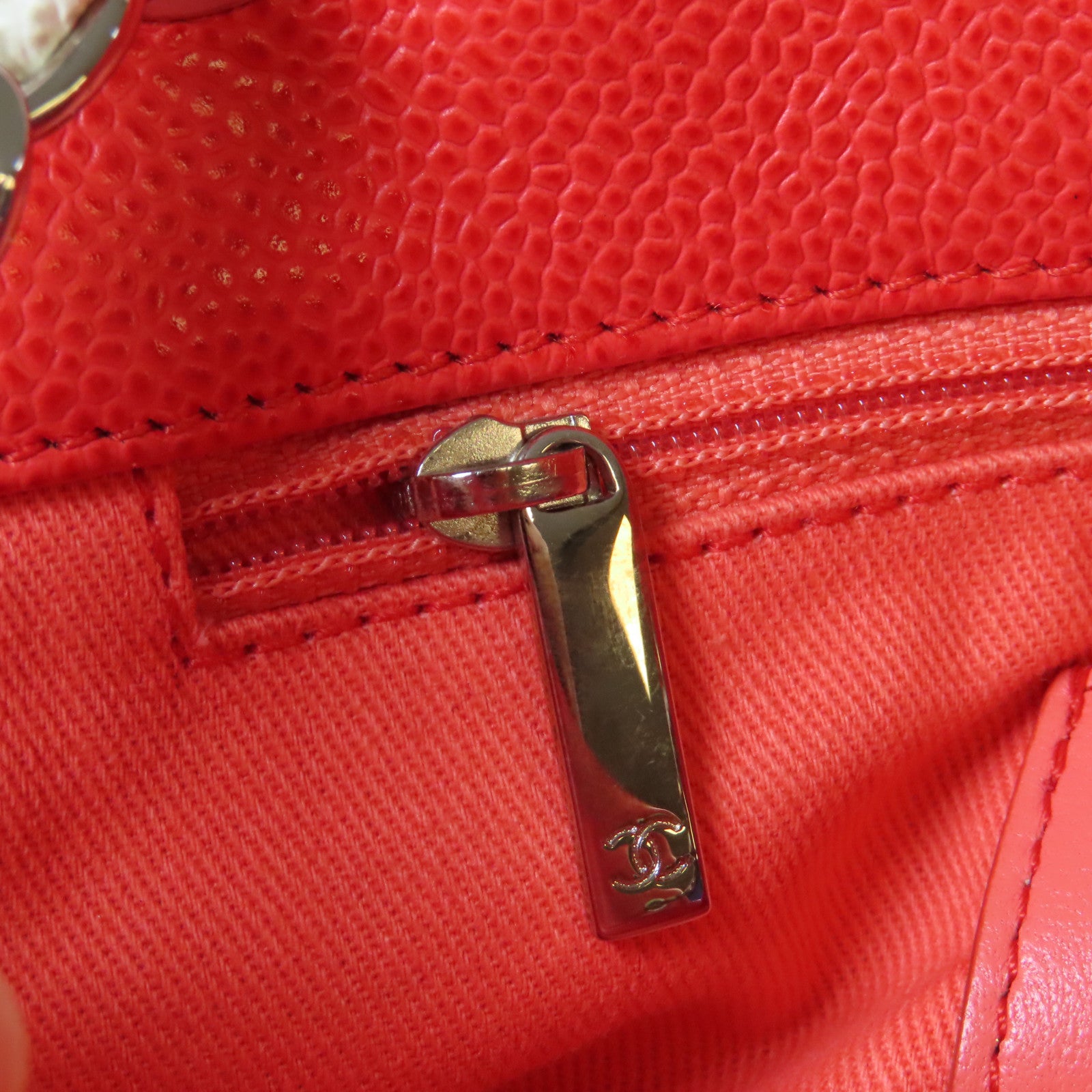 CHANEL 菱格牛皮皮革Shoulder Bag銀扣鏈帶肩背袋橙色/白色