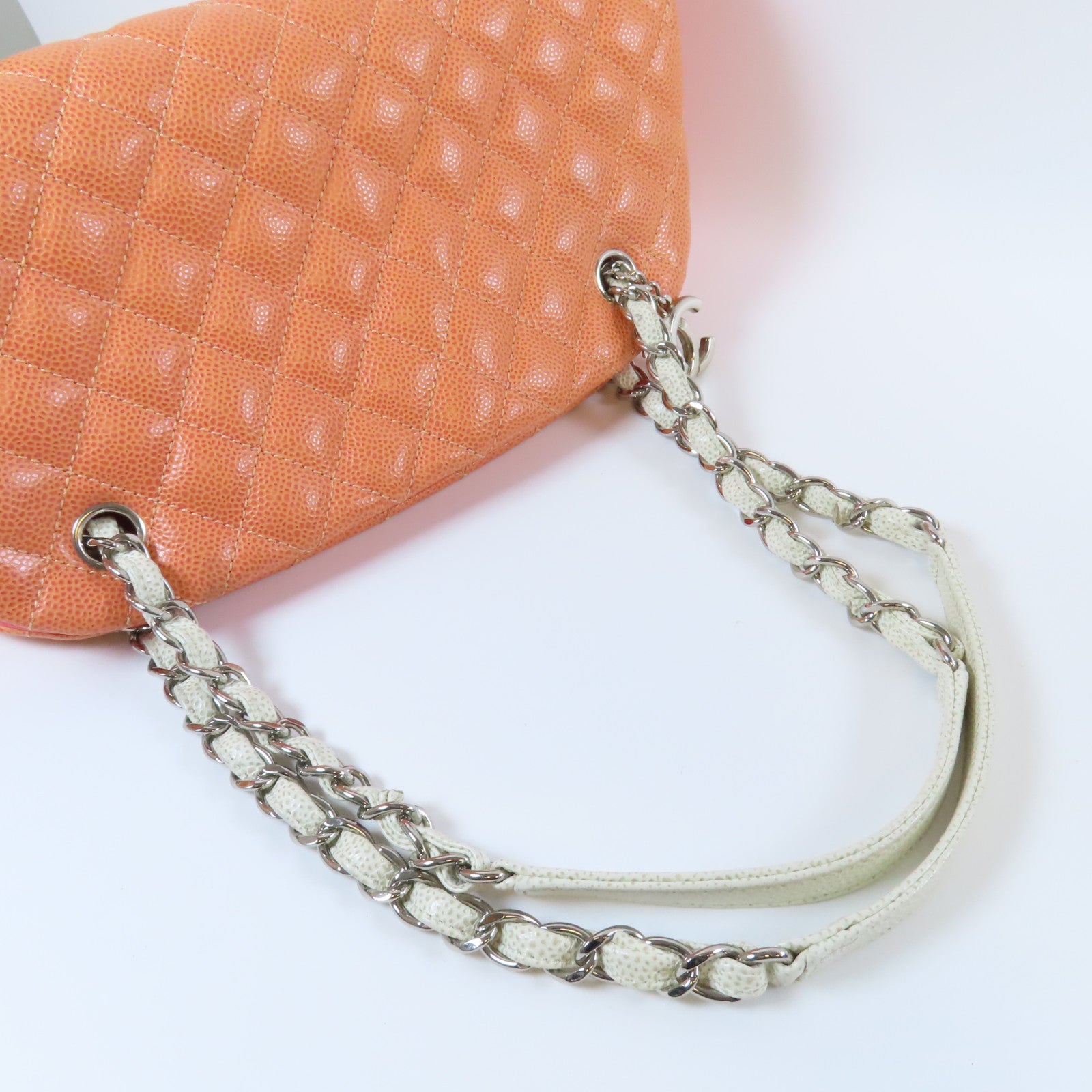 CHANEL 菱格牛皮皮革Shoulder Bag銀扣鏈帶肩背袋橙色/白色