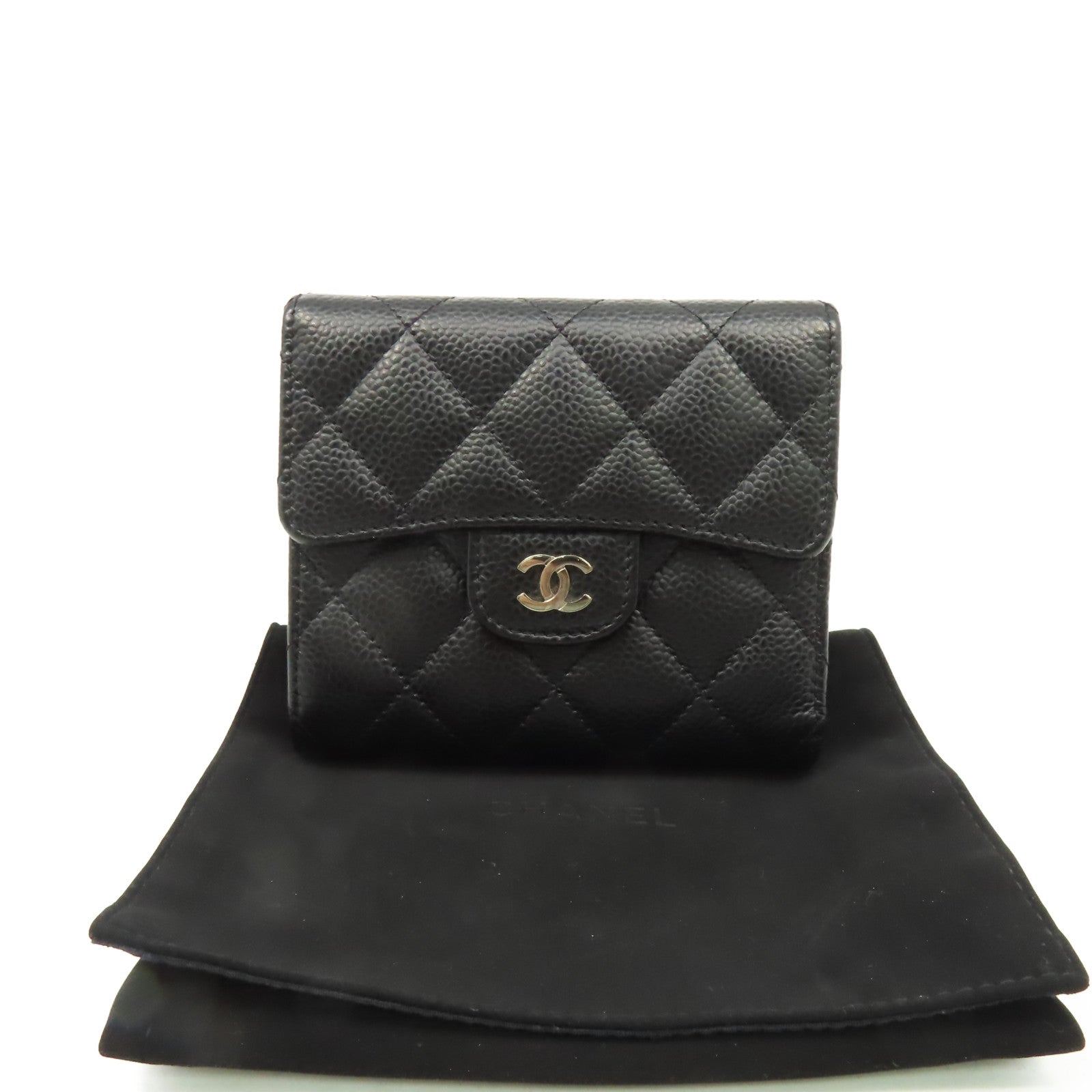 CHANEL 菱格Caviar皮革Classic Small Flap Wallet銀扣錢包黑色