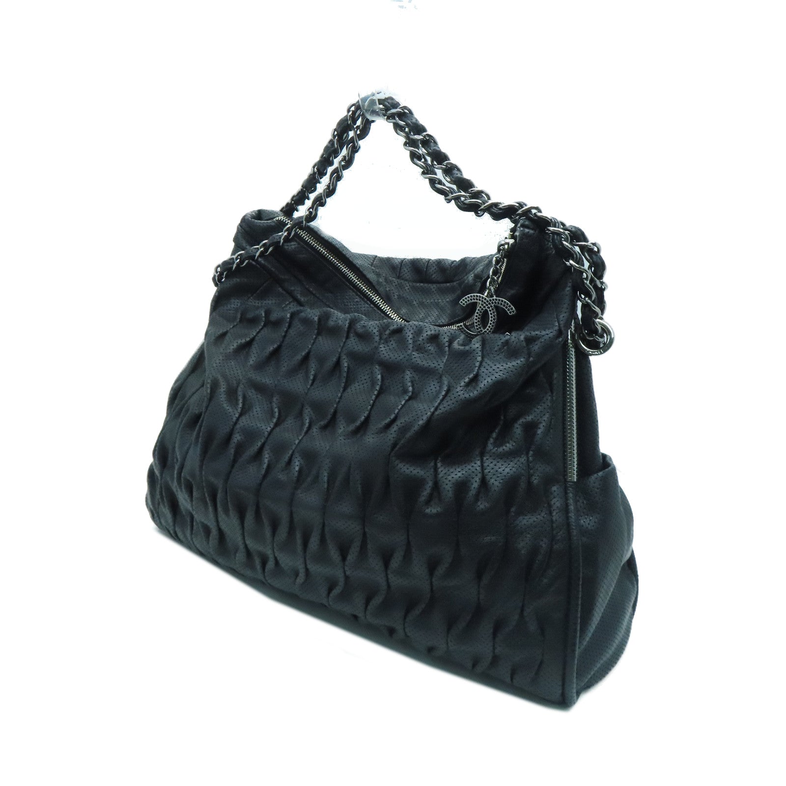 CHANEL 羊皮皮革Chain Bag银扣链带肩背袋黑色
