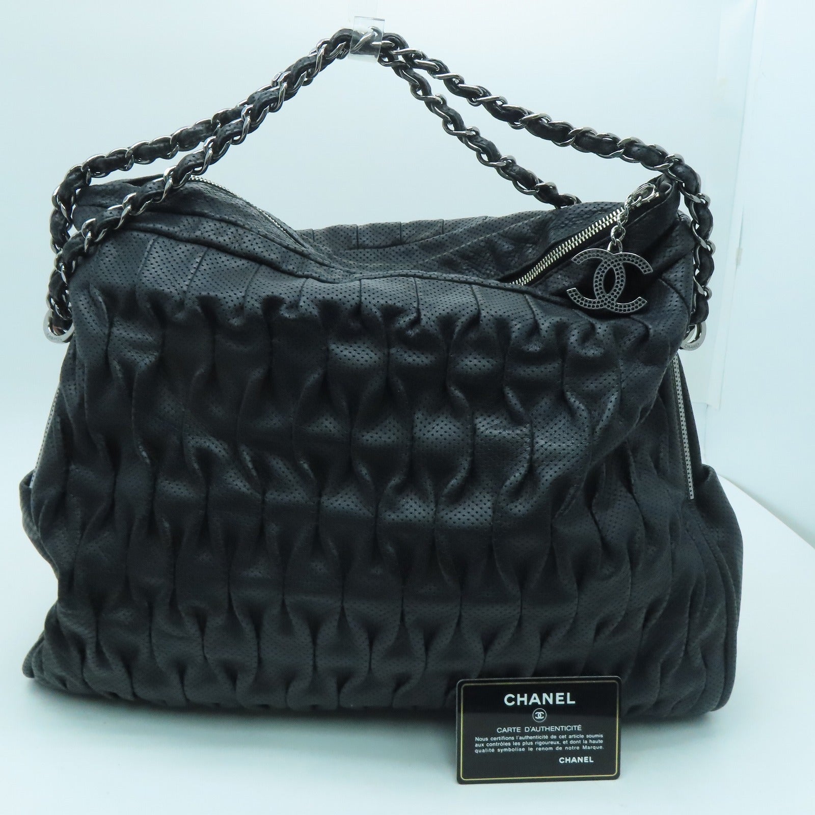 CHANEL 羊皮皮革Chain Bag银扣链带肩背袋黑色