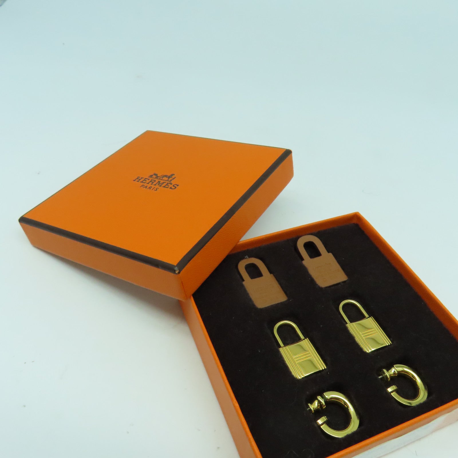 HERMES Swift皮革/金屬O'Kelly Earrings耳環金色/啡色