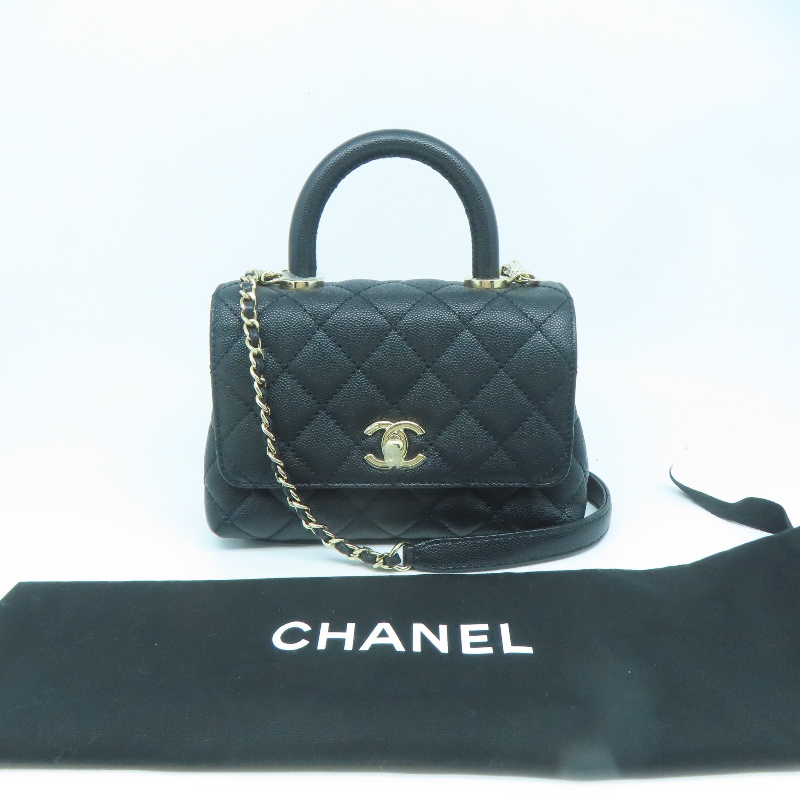 CHANEL 菱格Caviar皮革Coco Handle Mini金扣手挽肩背兩用袋黑色