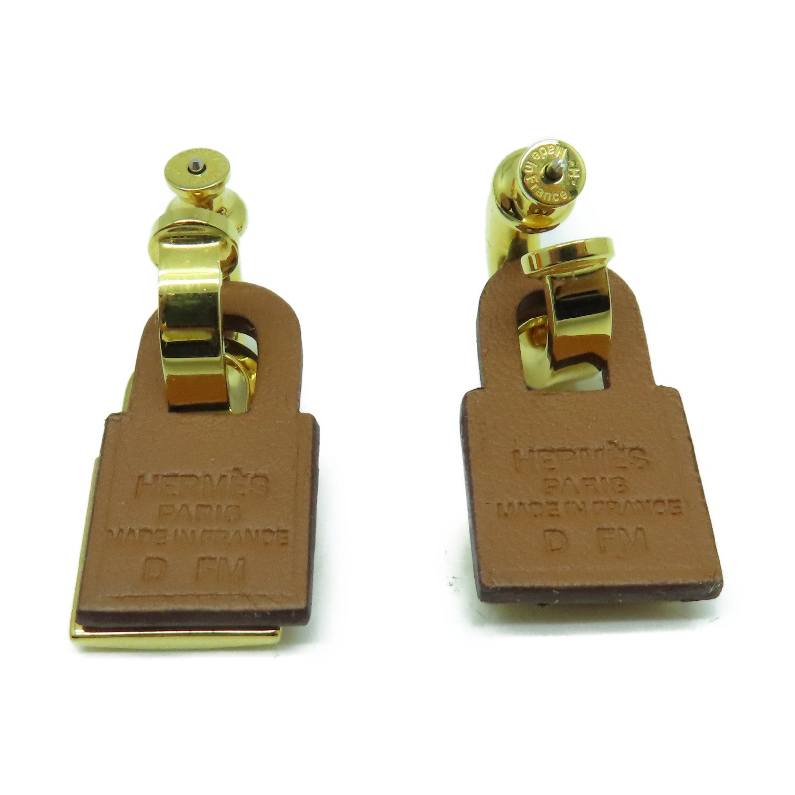 HERMES Swift皮革/金屬O'Kelly Earrings耳環金色/啡色