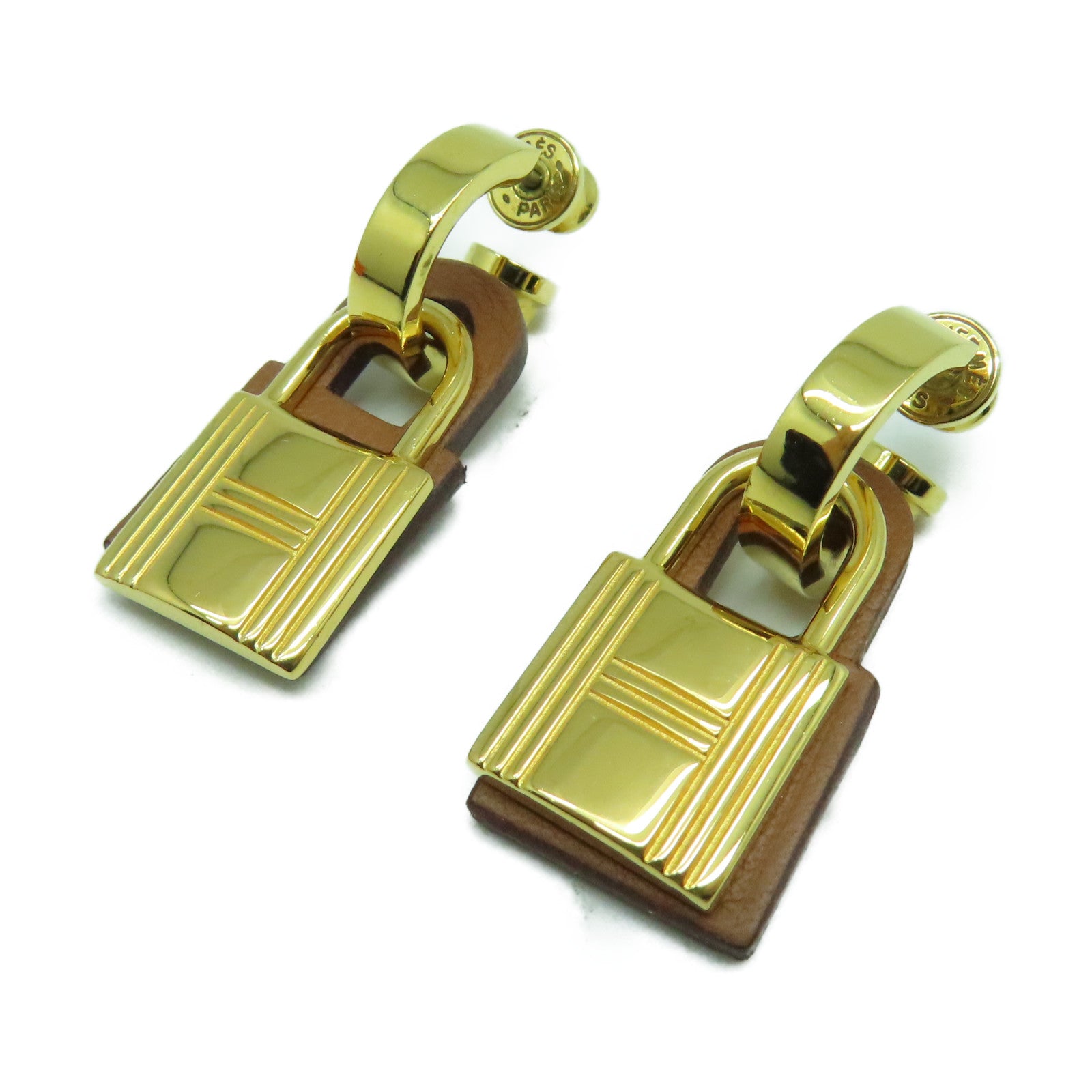HERMES Swift皮革/金屬O'Kelly Earrings耳環金色/啡色