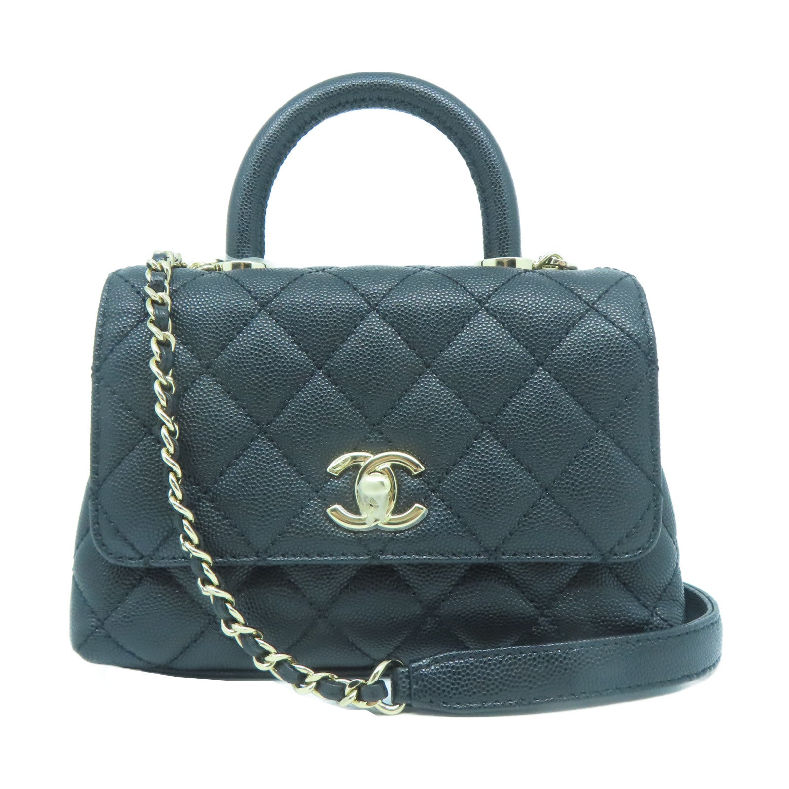 CHANEL 菱格Caviar皮革Coco Handle Mini金扣手挽肩背兩用袋黑色