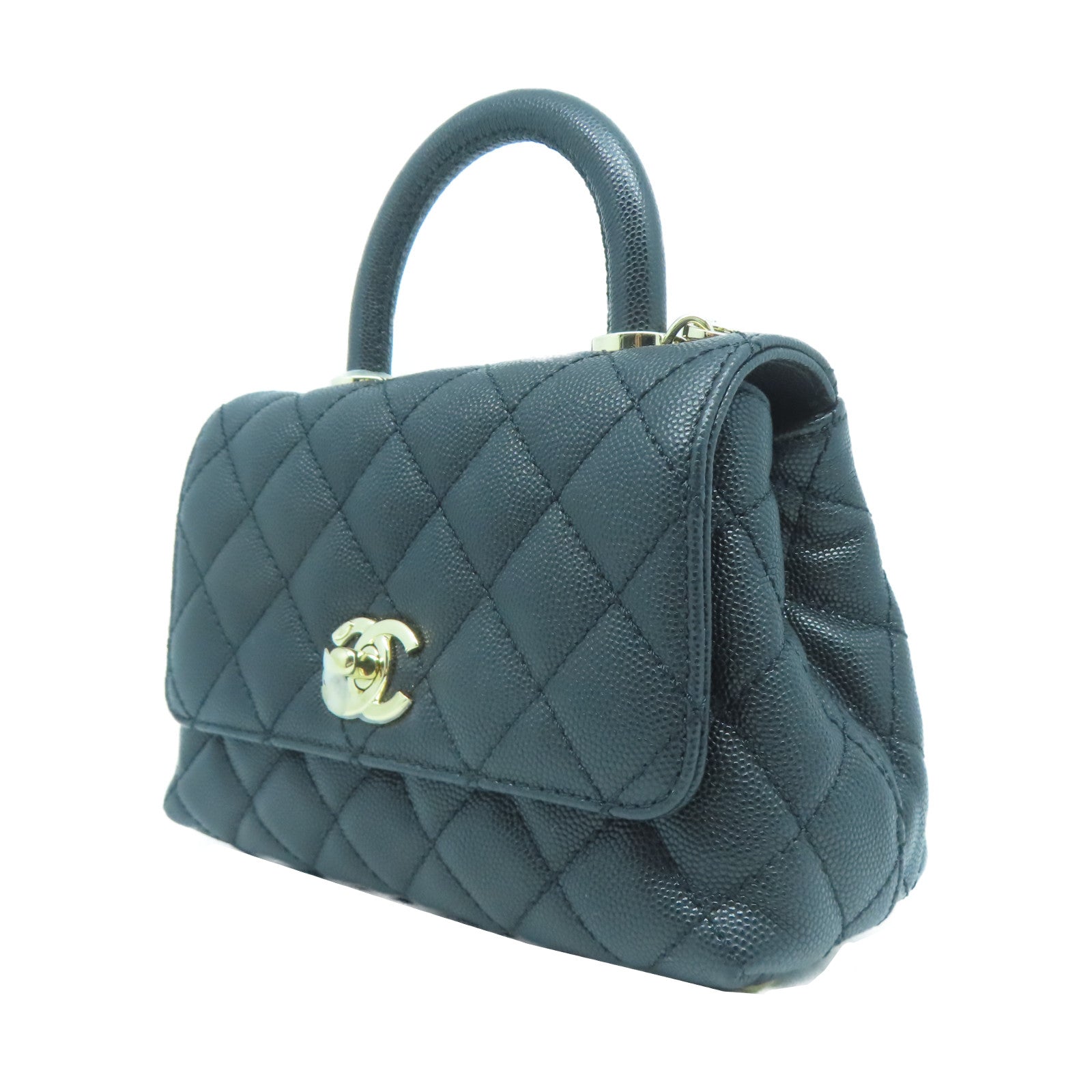 CHANEL 菱格Caviar皮革Coco Handle Mini金扣手挽肩背兩用袋黑色